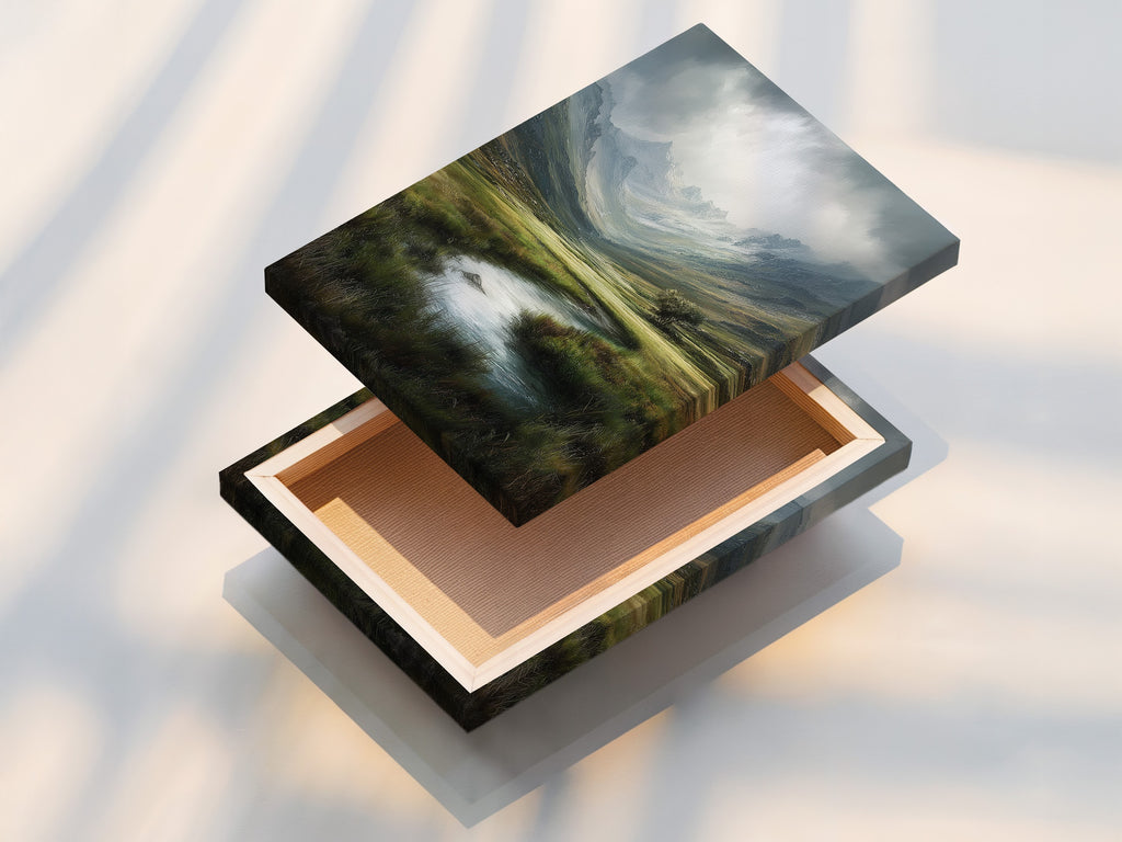 Mountain Valley Landscape Print - Serene River Scene, Nature Wall Art, Green Meadow Artwork, Scenic Home Decor, Highland Print