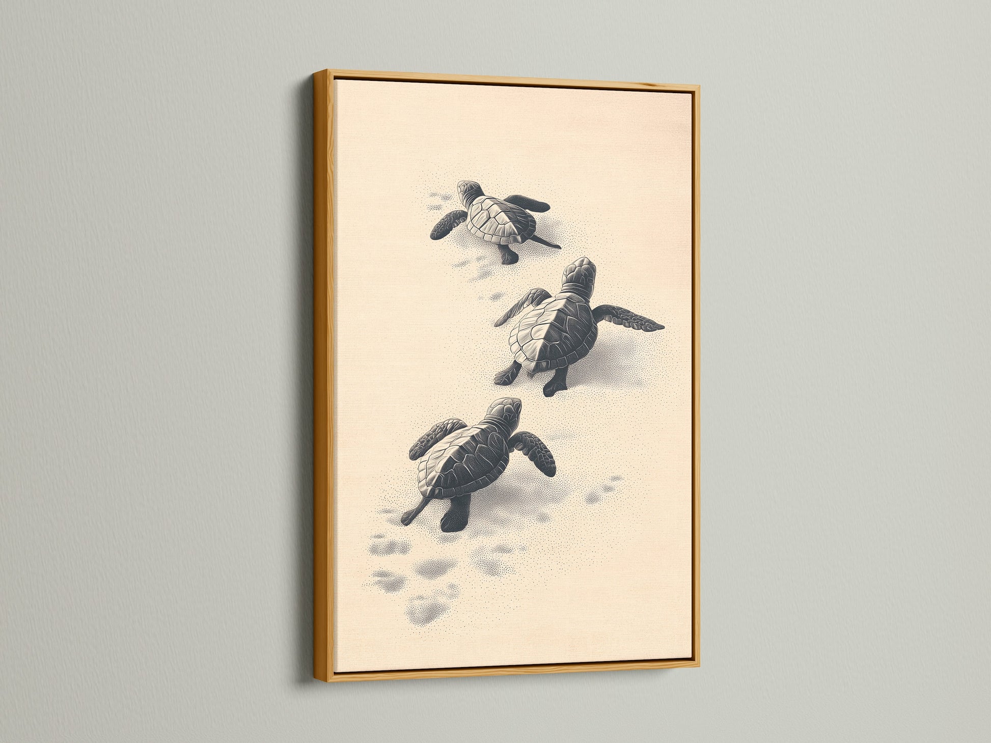 This ocean canvas art features baby turtles in a gold frame. The gold frame adds a touch of elegance to this coastal artwork. It is perfect for adding a nautical theme to your living room.