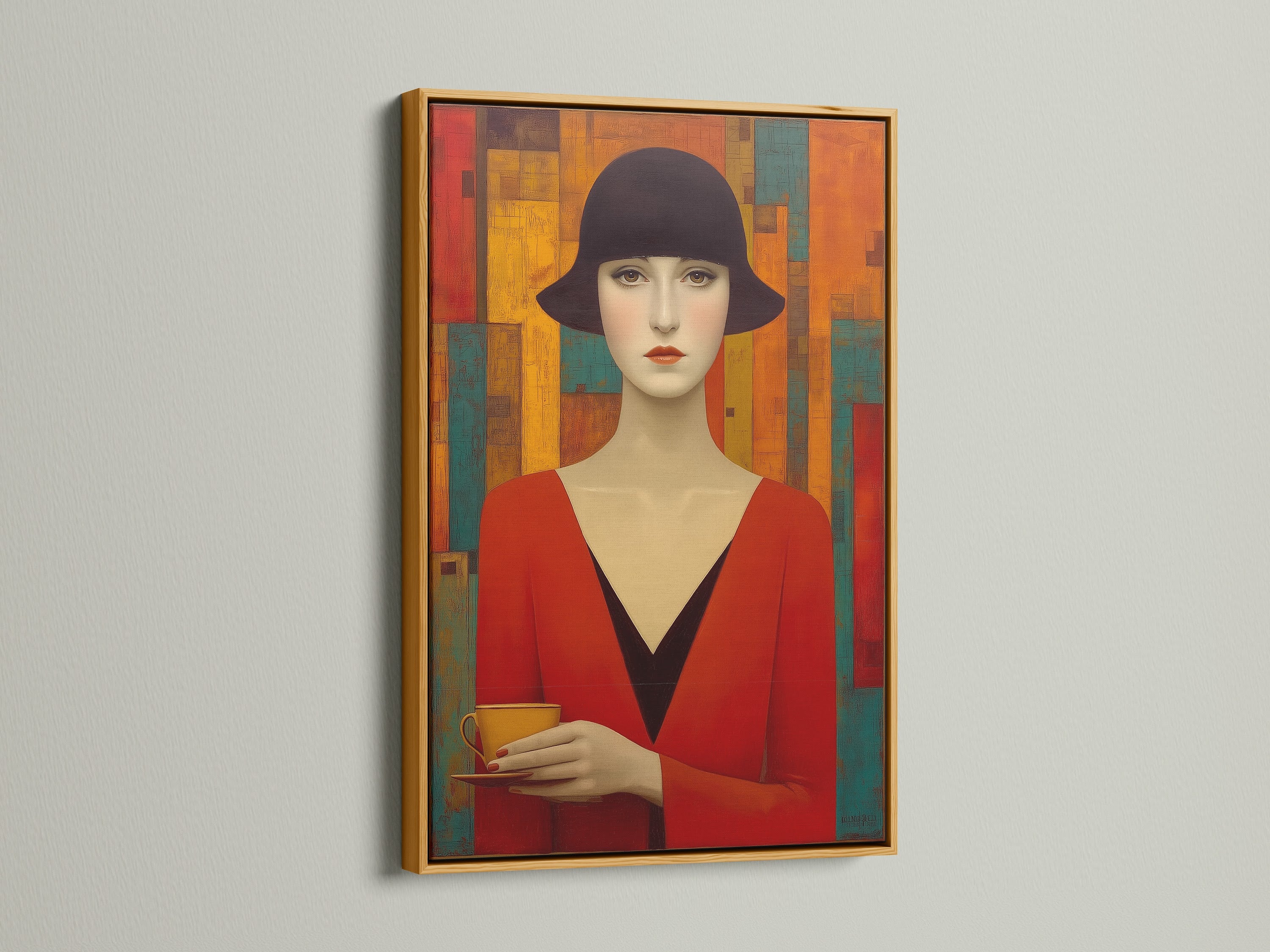 A luxurious art deco woman portrait is highlighted. The vintage-style artwork features a woman in a red dress and hat. The artwork is framed in a shimmering gold frame. This retro fashion art piece adds a touch of glam to your wall decor.