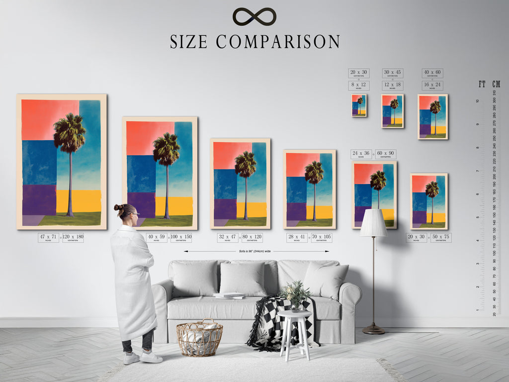Size comparison chart displayed in an interior setting. See how different art sizes look in a room. Visualize the impact of various artwork dimensions. Choose the perfect size for your space. Explore our range of artwork sizes.