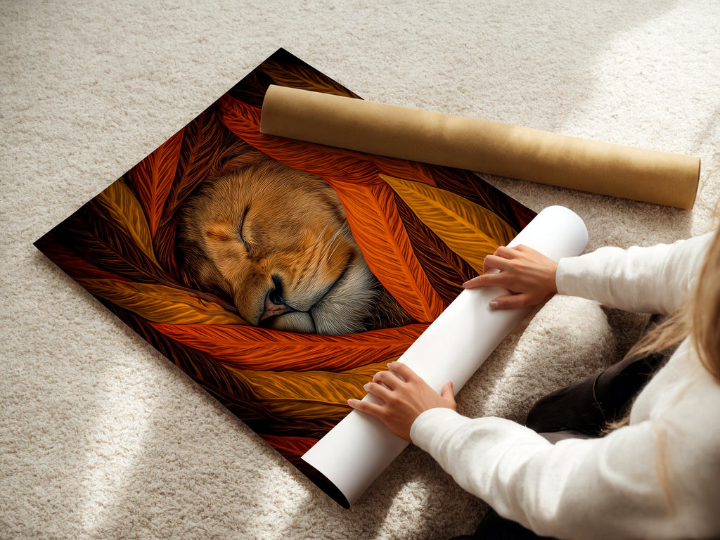 A woman carefully rolls a fine art poster paper featuring the sleeping lion artwork. This rustic art piece is perfect for adding warmth to any room. Ideal for those seeking unique animal wall art.