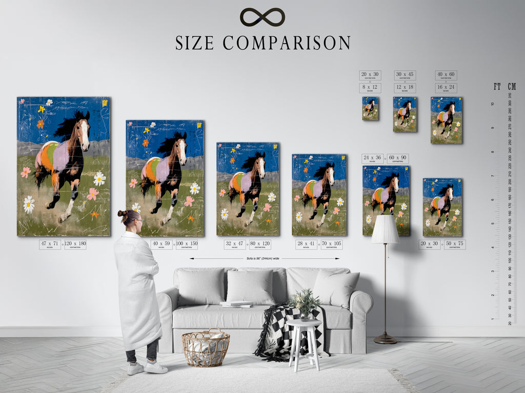 Size comparison chart in an interior setting. It helps visualize how different sizes of horse art prints will look. This is perfect for various wall spaces and decor needs for your home.