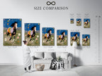Size comparison chart in an interior setting. It helps visualize how different sizes of horse art prints will look. This is perfect for various wall spaces and decor needs for your home.