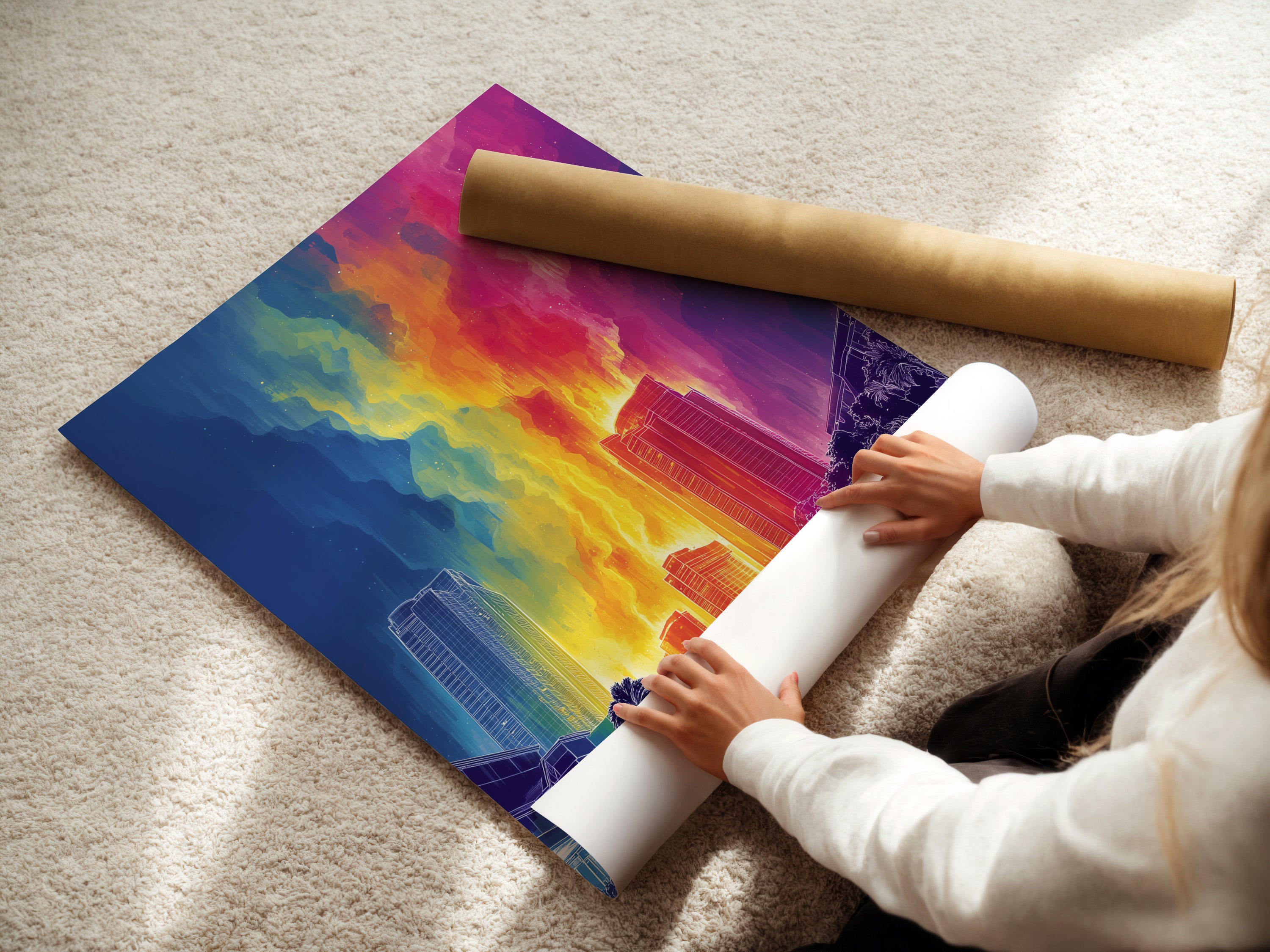 A woman is carefully rolling a fine art poster paper. The poster paper features a neon cityscape artwork. This retro futurism art is perfect for collectors. High-quality materials ensure the artwork's longevity. The poster paper is ideal for framing and displaying your style.