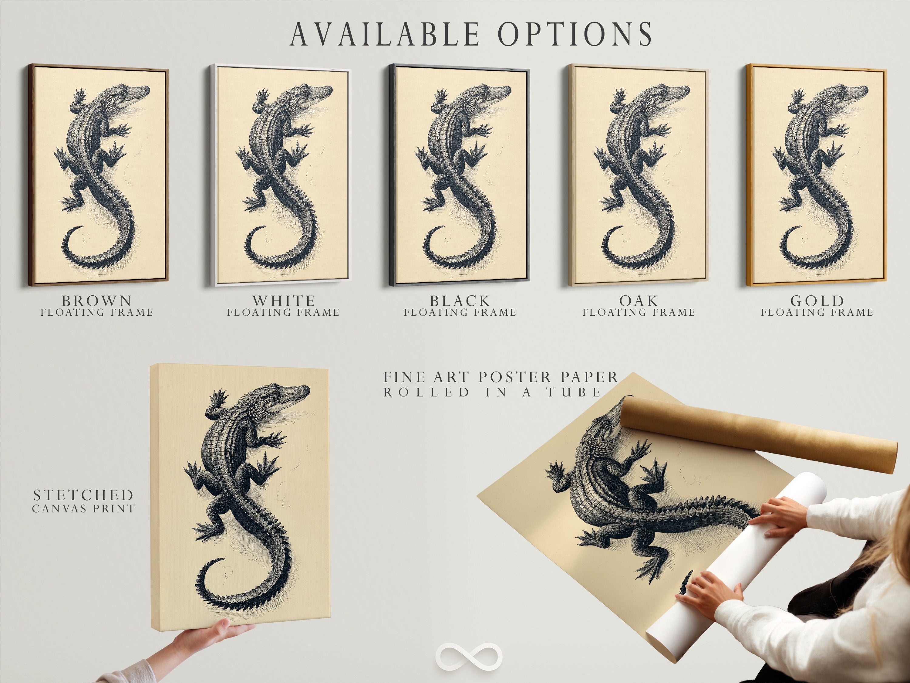 Available options for the Vintage Alligator Art Print. Choose from a stretched canvas print fine art poster paper or floating frame. Customize your antique reptile wall art to fit your decor. Enhance your study room with this natural history canvas in your preferred format. Options to suit every style.