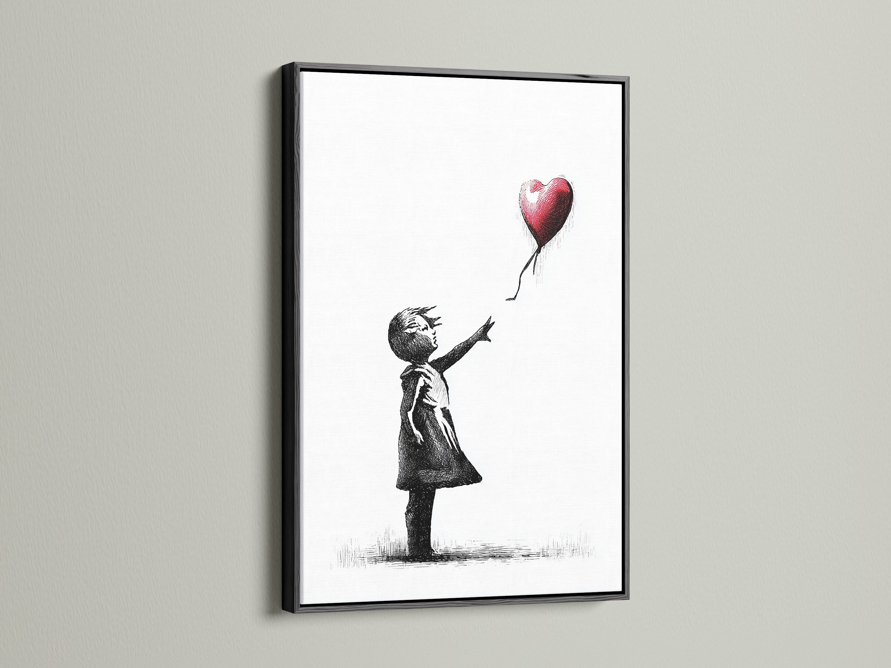 See our art prints with a black frame. A black frame offers a classic and bold statement. This frame choice adds depth to the Banksy-style artwork. The contrast makes the colors pop. Enhance your decor with a timeless black frame. Ideal for any room seeking a touch of elegance.