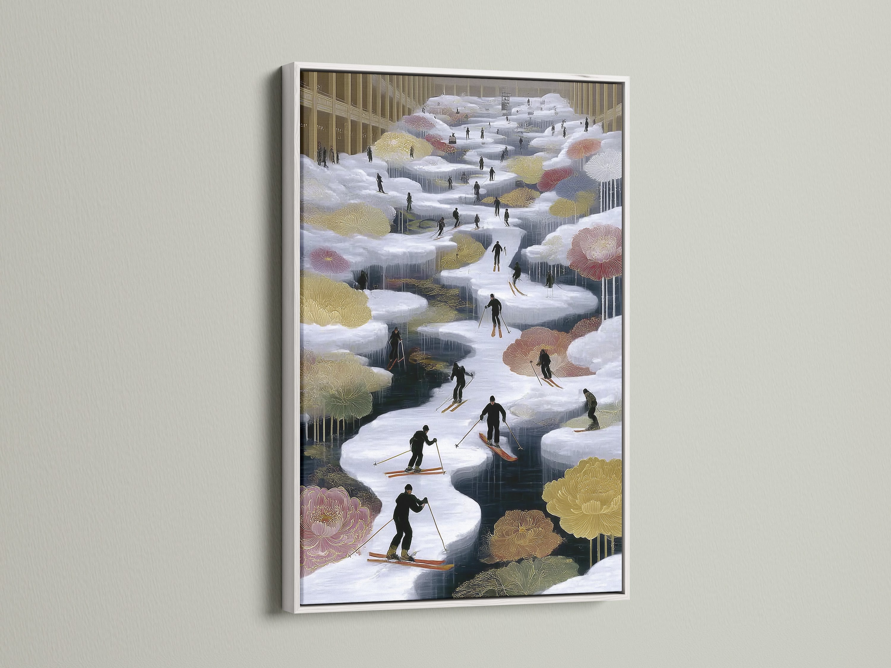 The white frame highlights this skiing artwork beautifully. Winter sports art adds a touch of alpine charm. This mountain landscape art is serene and inviting. The snow art print brightens any cabin wall decor.