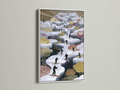 The white frame highlights this skiing artwork beautifully. Winter sports art adds a touch of alpine charm. This mountain landscape art is serene and inviting. The snow art print brightens any cabin wall decor.