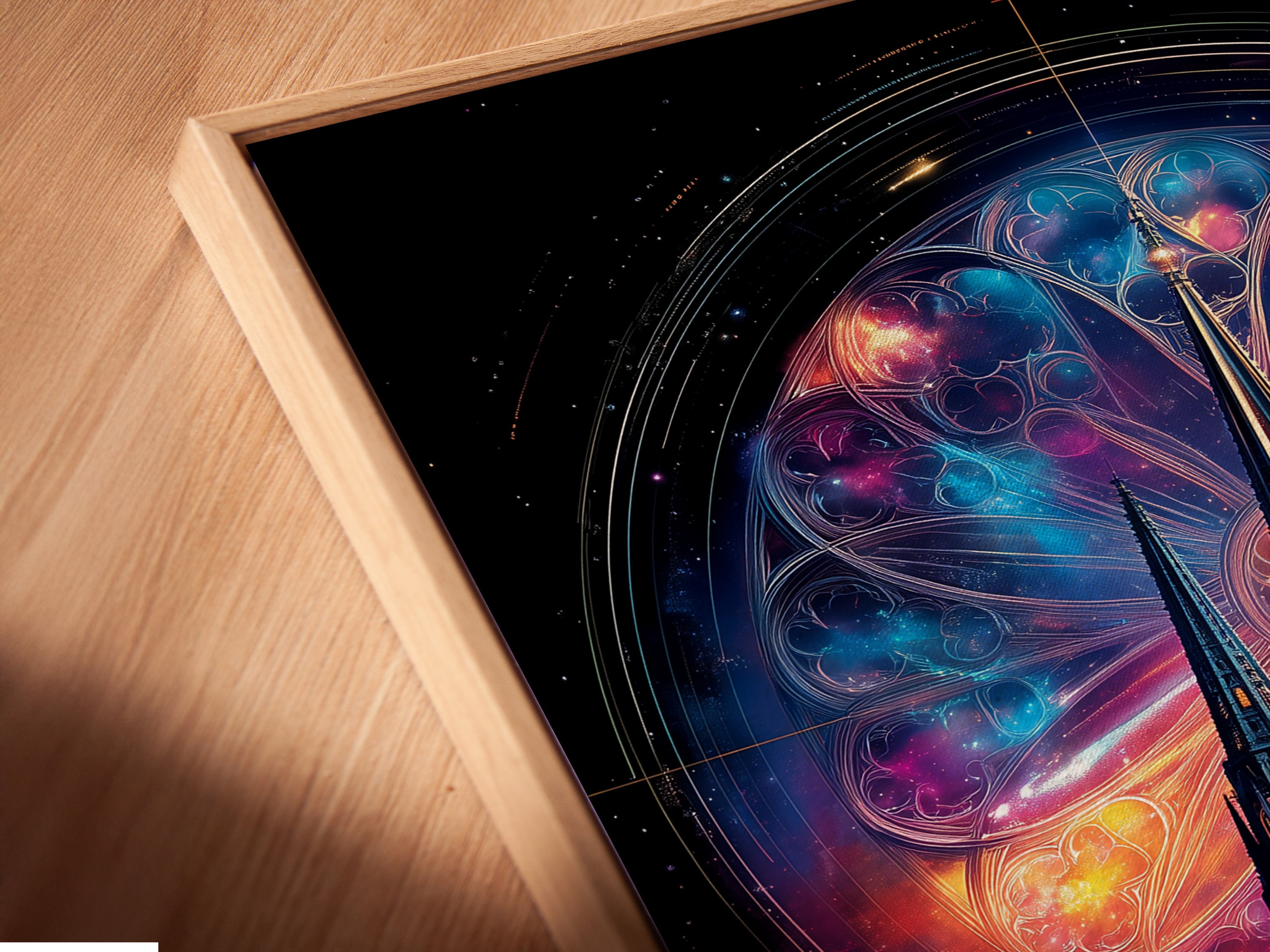 Angled close up of a Gothic Cathedral canvas print. It is set in a floating frame. The cosmic stained glass artwork adds mystical elements to any space. Gothic wall decor for your home or office.