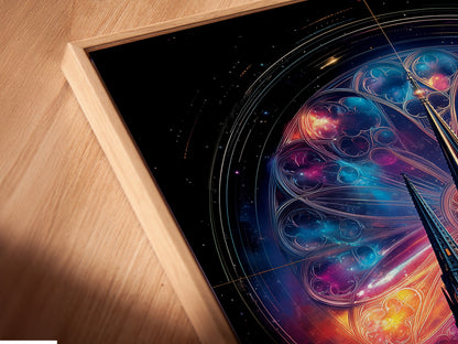 Angled close up of a Gothic Cathedral canvas print. It is set in a floating frame. The cosmic stained glass artwork adds mystical elements to any space. Gothic wall decor for your home or office.