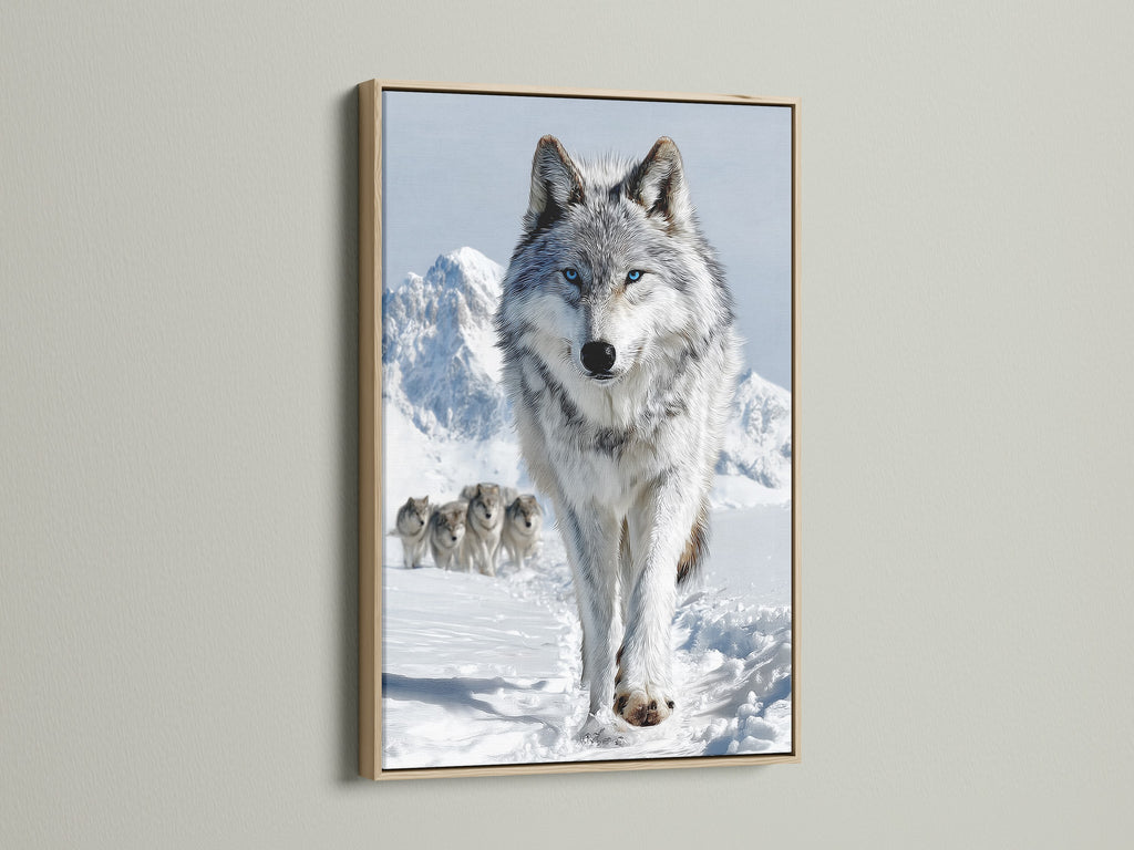 A striking wolf pack artwork is showcased in an oak frame. The arctic animal wall art adds a winter landscape to cabin decor. Wildlife artwork brings the beauty of nature indoors. This wolf canvas art is a sophisticated addition to your home or office.