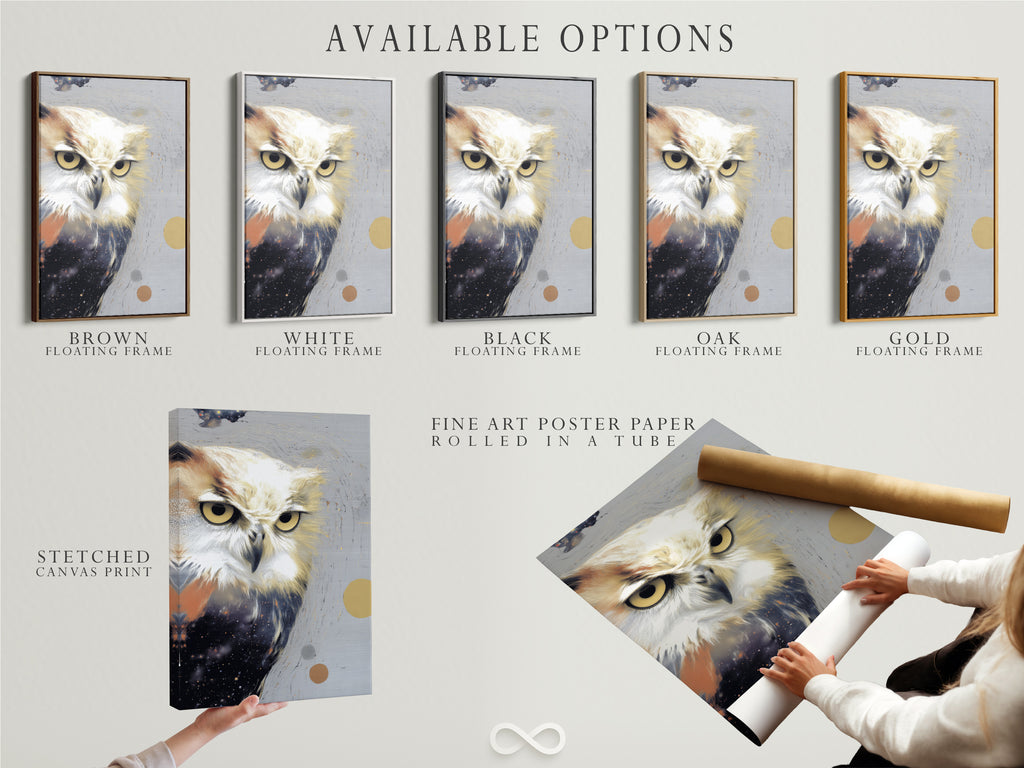 Available options are showcased including a stretched canvas print a fine art poster paper and a floating frame. The owl artwork print is a modern wildlife canvas art. Customize your contemporary bird artwork to match your personal style and space. Explore the possibilities for your perfect piece.