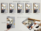 Available options are showcased including a stretched canvas print a fine art poster paper and a floating frame. The owl artwork print is a modern wildlife canvas art. Customize your contemporary bird artwork to match your personal style and space. Explore the possibilities for your perfect piece.