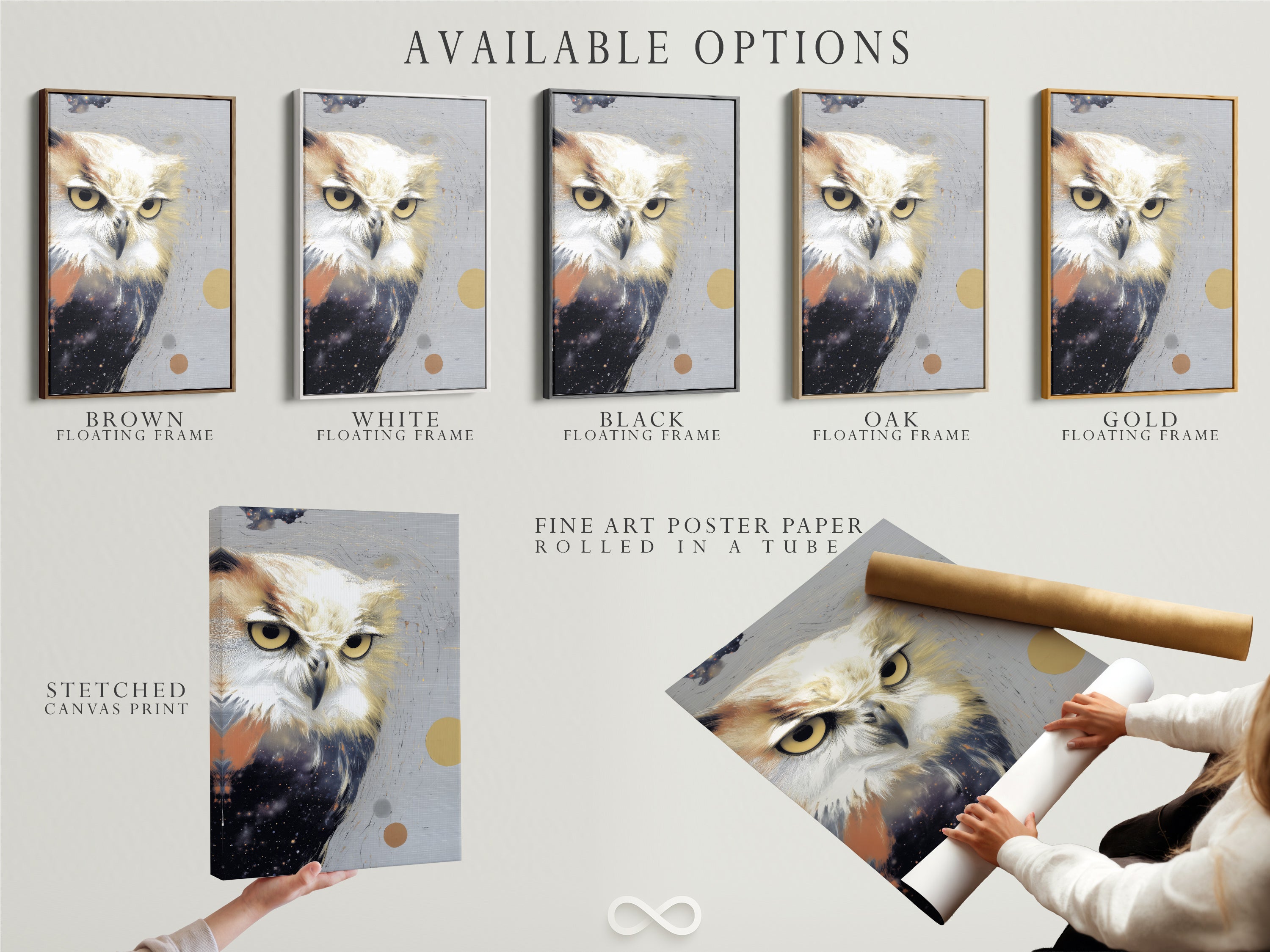 Available options are showcased including a stretched canvas print a fine art poster paper and a floating frame. The owl artwork print is a modern wildlife canvas art. Customize your contemporary bird artwork to match your personal style and space. Explore the possibilities for your perfect piece.