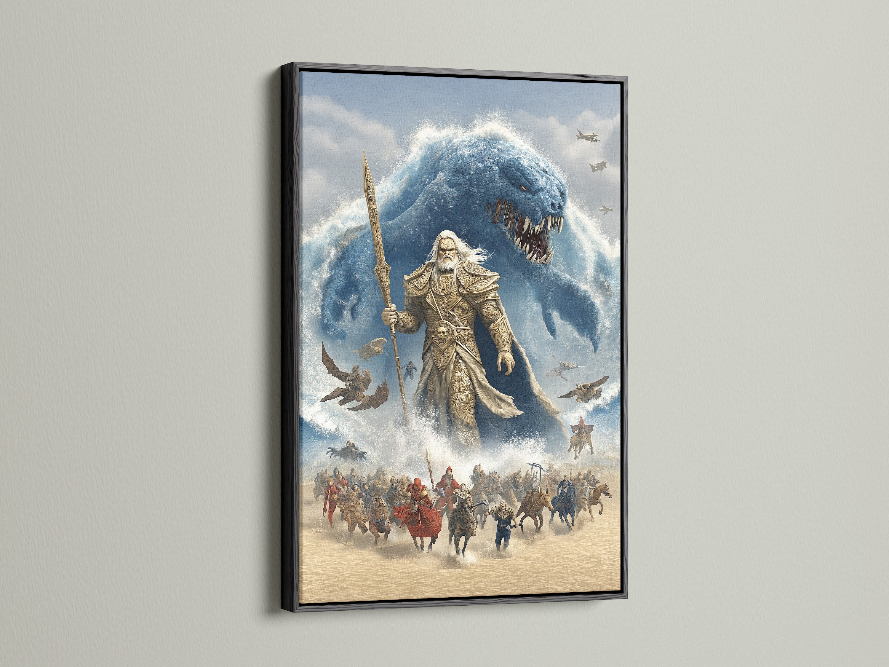 Poseidon Sea God Canvas Print displayed in a sleek black frame. This Norse Mythology Wall Artwork adds a contemporary touch to any space. Ideal for military personnel fantasy art collectors or gamers seeking unique wall art.