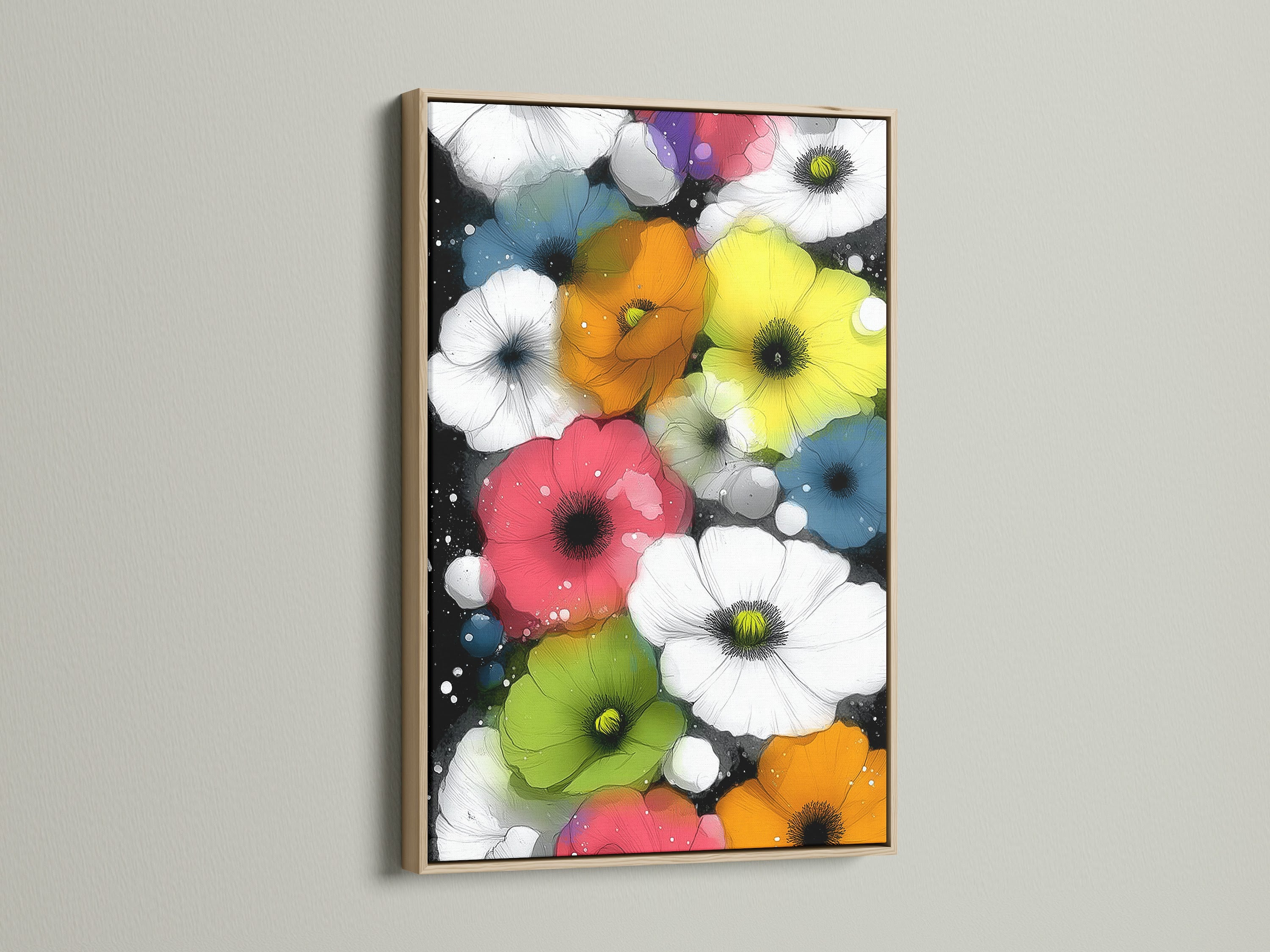 This is a close-up of a Colorful Poppies art in an oak frame. The artwork features vibrant flowers perfect for bedroom wall decor. The oak frame enhances the botanical print. Ideal for modern home art. Add contemporary art to your living room with this floral canvas print.