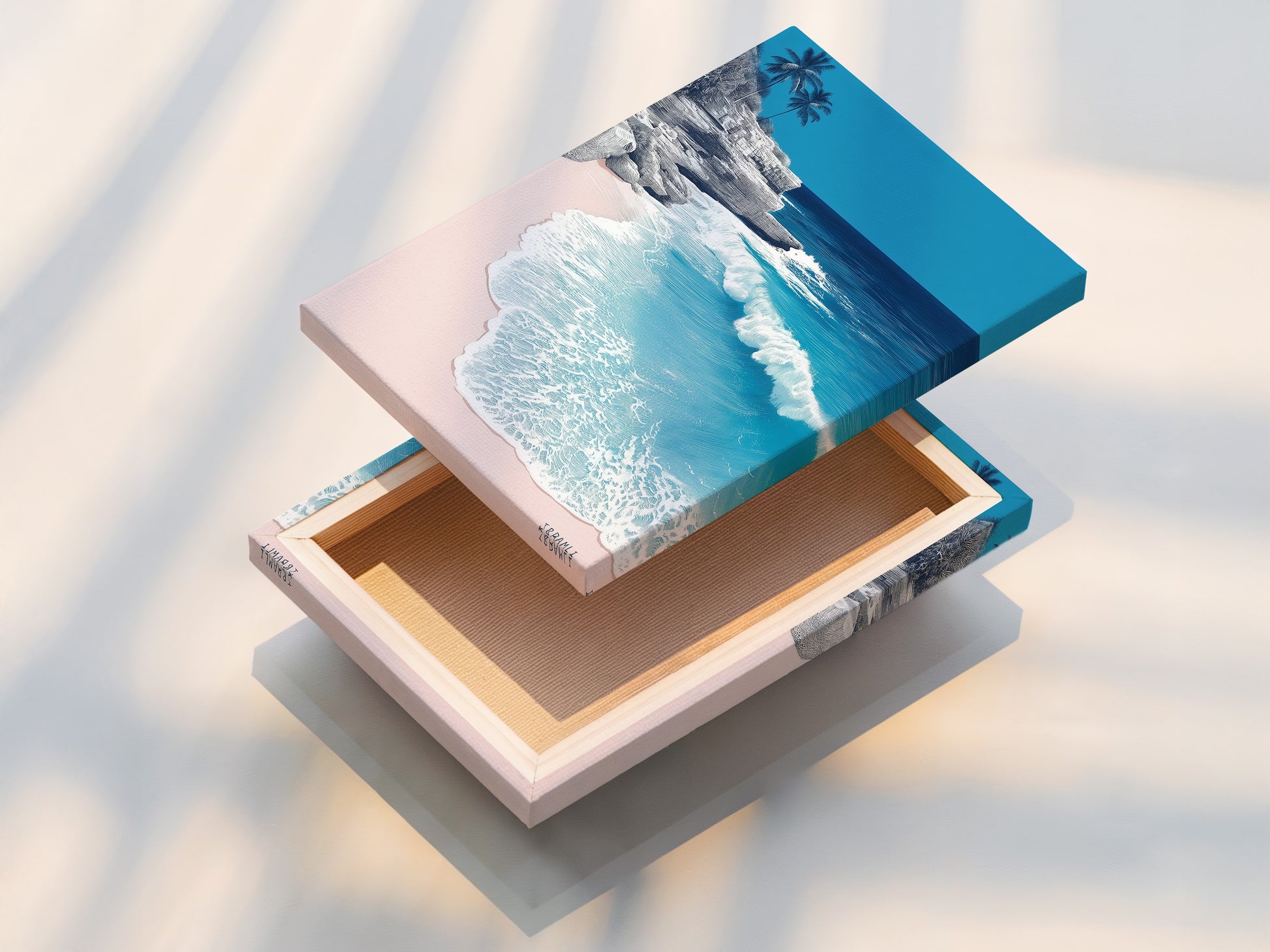 A professionally stretched canvas print featuring tropical beach artwork. The turquoise ocean wall art creates a vibrant focal point. Perfect for adding a coastal touch to your home. Explore our canvas art options.