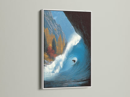 White frame highlighting the surfing wave canvas print. Blue ocean wall art adds a touch of the coast. The wave print creates a serene atmosphere. Coastal artwork is perfect for light interiors. This surfer gift is elegantly framed in white. It can brighten any space.