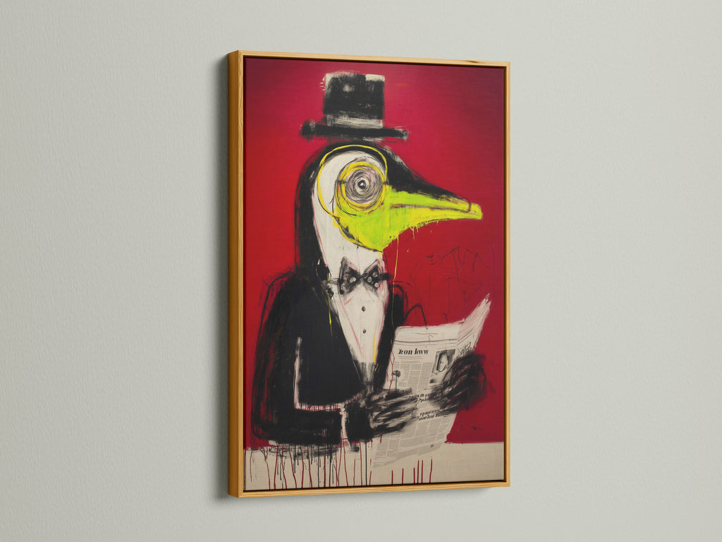 Surreal Bird Artwork Print in a gold frame. This contemporary canvas features quirky animal art. The red abstract adds a touch of elegance. Perfect for art collectors.