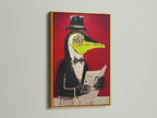 Surreal Bird Artwork Print in a gold frame. This contemporary canvas features quirky animal art. The red abstract adds a touch of elegance. Perfect for art collectors.