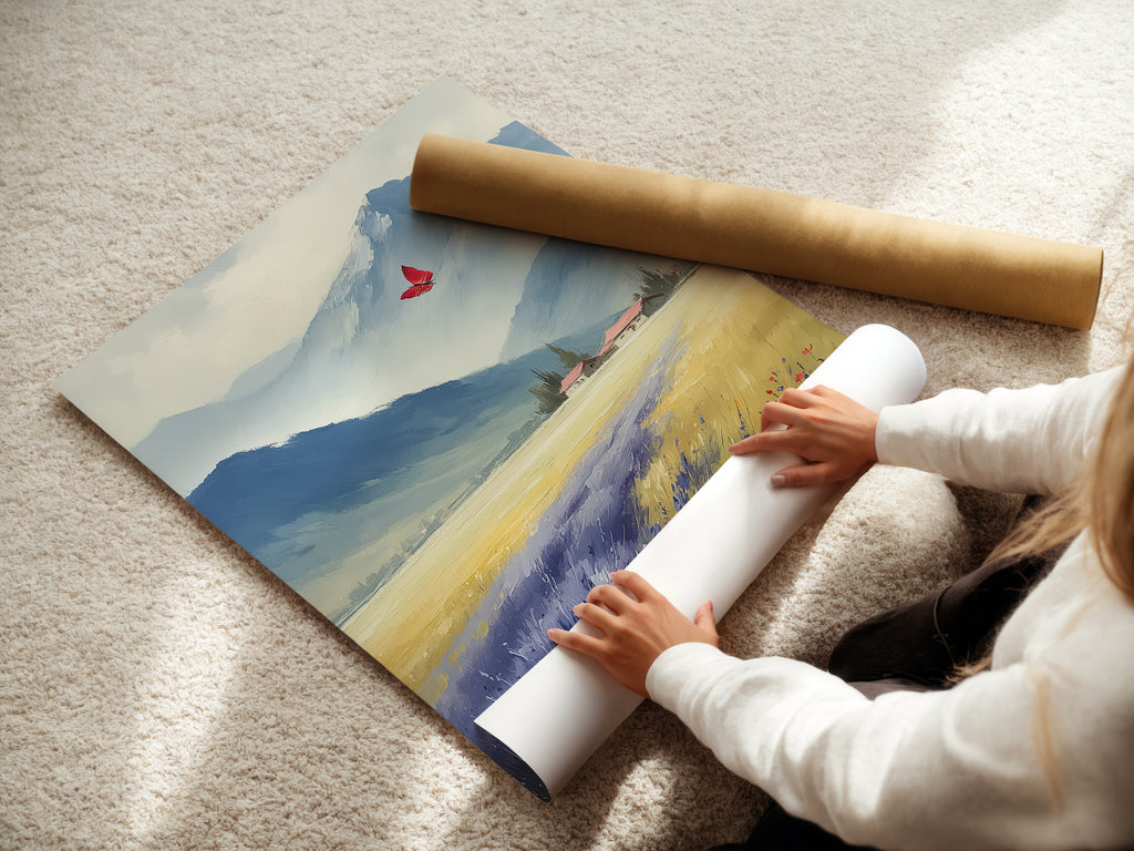 A woman carefully rolls a fine art poster paper featuring a mountain valley landscape. This butterfly artwork is perfect for farmhouse style decor. Enhance your space with this nature wall decor. The scenic mountain vista and wildflower art bring the outdoors in. A beautiful landscape print for your home.