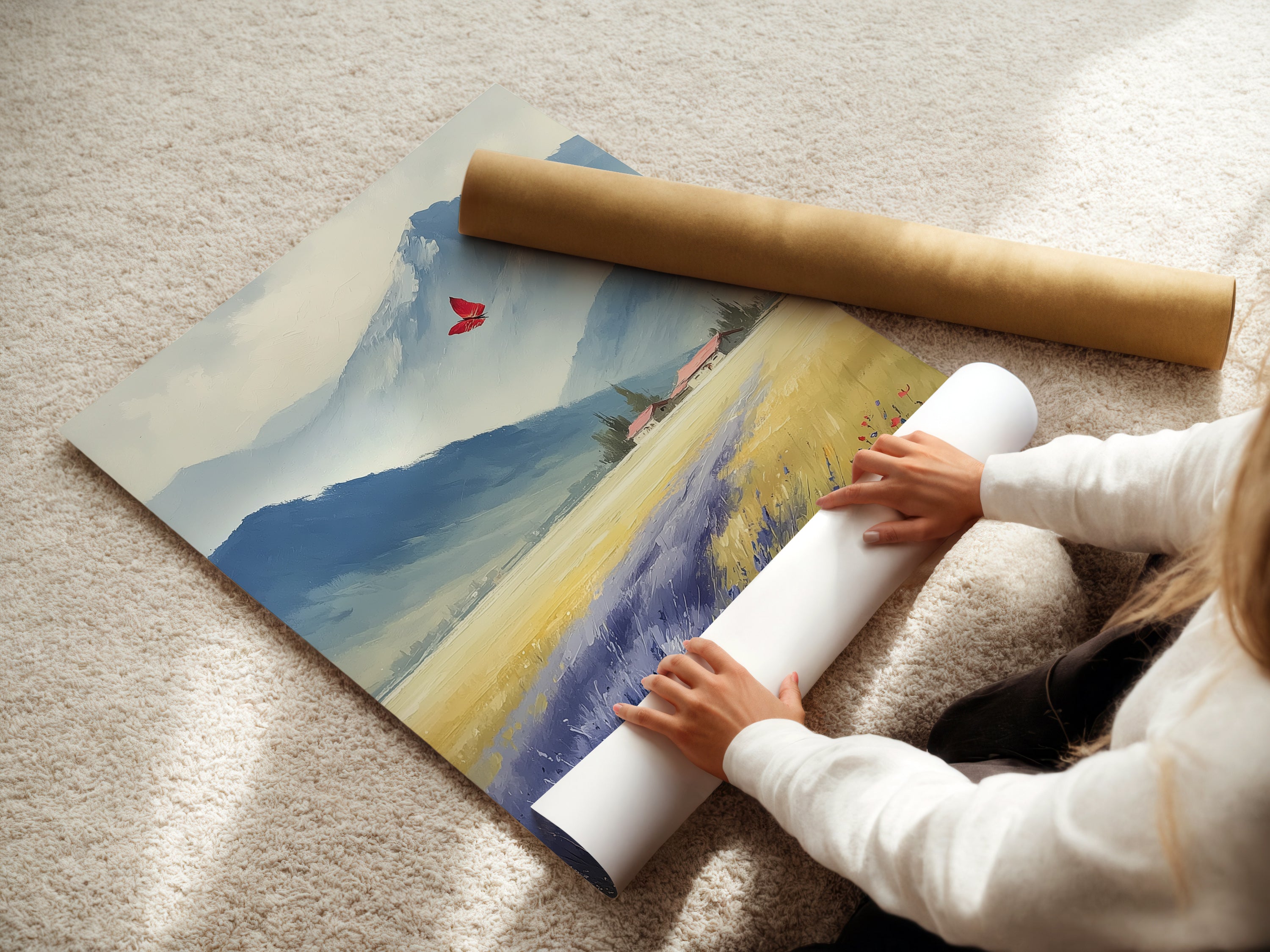 A woman carefully rolls a fine art poster paper featuring a mountain valley landscape. This butterfly artwork is perfect for farmhouse style decor. Enhance your space with this nature wall decor. The scenic mountain vista and wildflower art bring the outdoors in. A beautiful landscape print for your home.