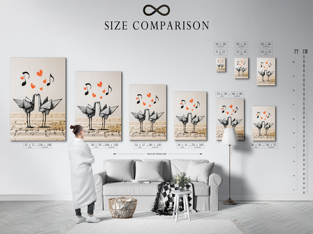 Size comparison chart for origami cranes artwork in an interior setting. Visualize the artwork in different sizes. See how it fits perfectly as bedroom wall decor. Available in various sizes.