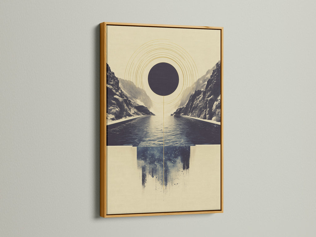 Abstract Infinity Pool artwork in a gold frame. The gold frame adds a touch of luxury and elegance. This geometric seascape creates a focal point. Perfect for contemporary art lovers. Enhance your space with this calming art print. It makes a statement in any room.