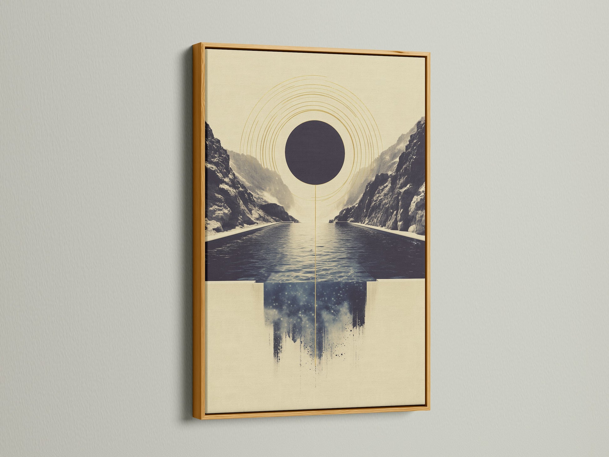 Abstract Infinity Pool artwork in a gold frame. The gold frame adds a touch of luxury and elegance. This geometric seascape creates a focal point. Perfect for contemporary art lovers. Enhance your space with this calming art print. It makes a statement in any room.