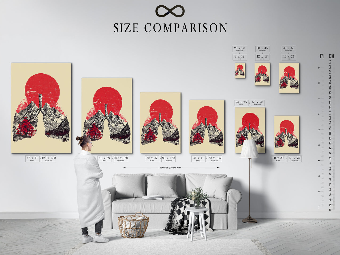 This is a size comparison chart displayed in an interior setting. It helps visualize artwork dimensions. See how different sizes fit in your space. Choose the perfect size to fit your needs. Make informed art buying decisions.