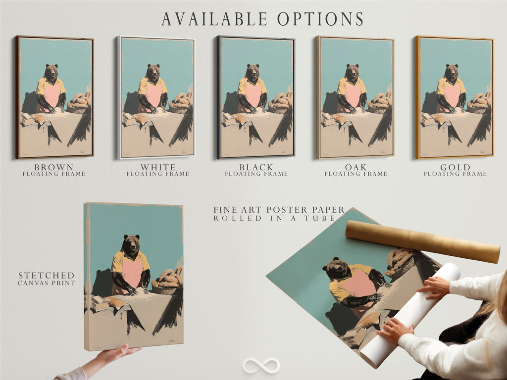 Available options include a stretched canvas print. You can also select fine art poster paper or a floating frame. Customize the bear baker artwork to suit your style. Perfect for adding whimsy to your kitchen decor. Ideal as a chef gift.