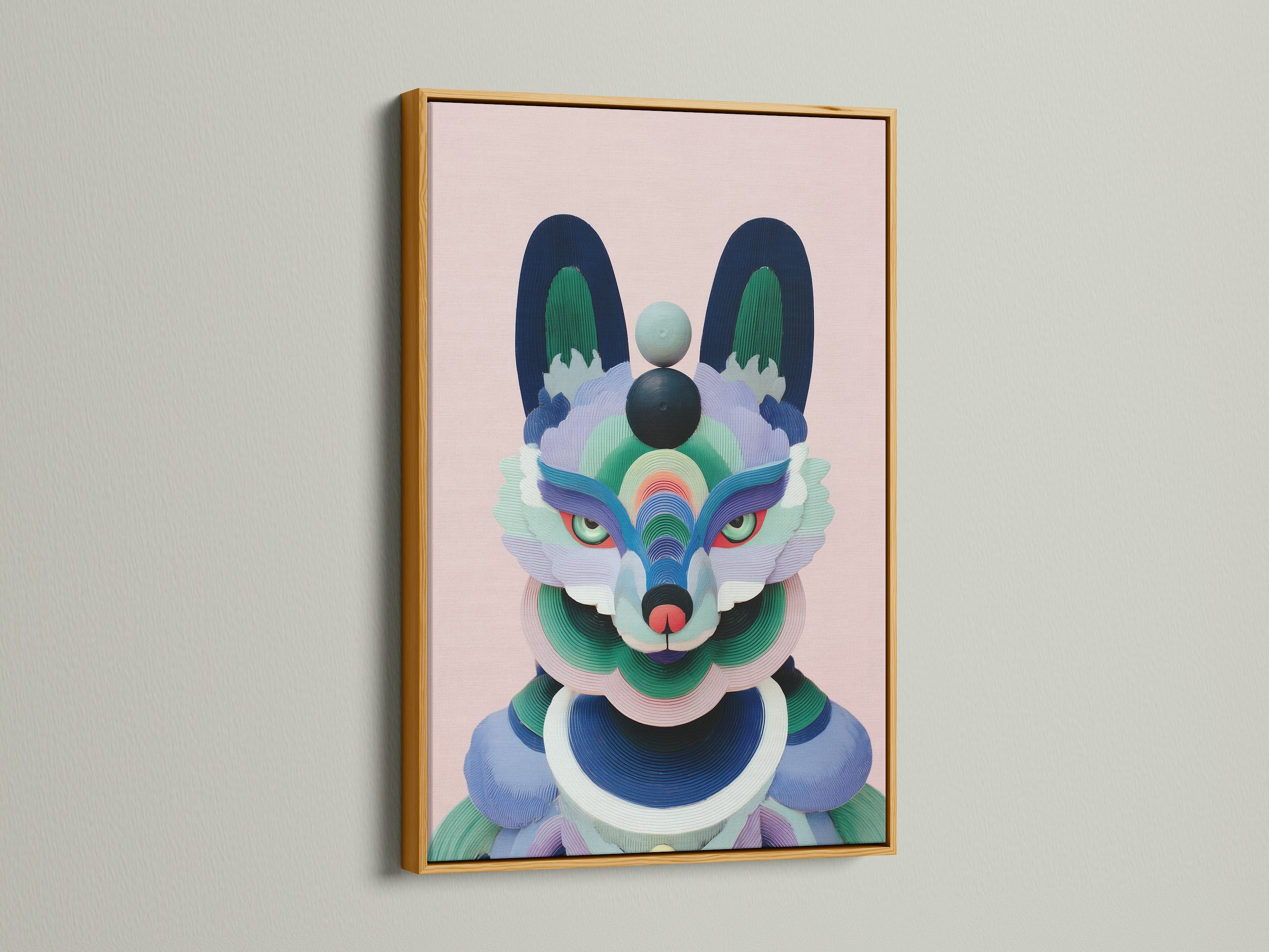 A gold frame highlights this geometric fox artwork. This modern animal art piece is a colorful abstract fox print. It is suitable for nursery and bedroom decor bringing a vibrant touch to kids' spaces.