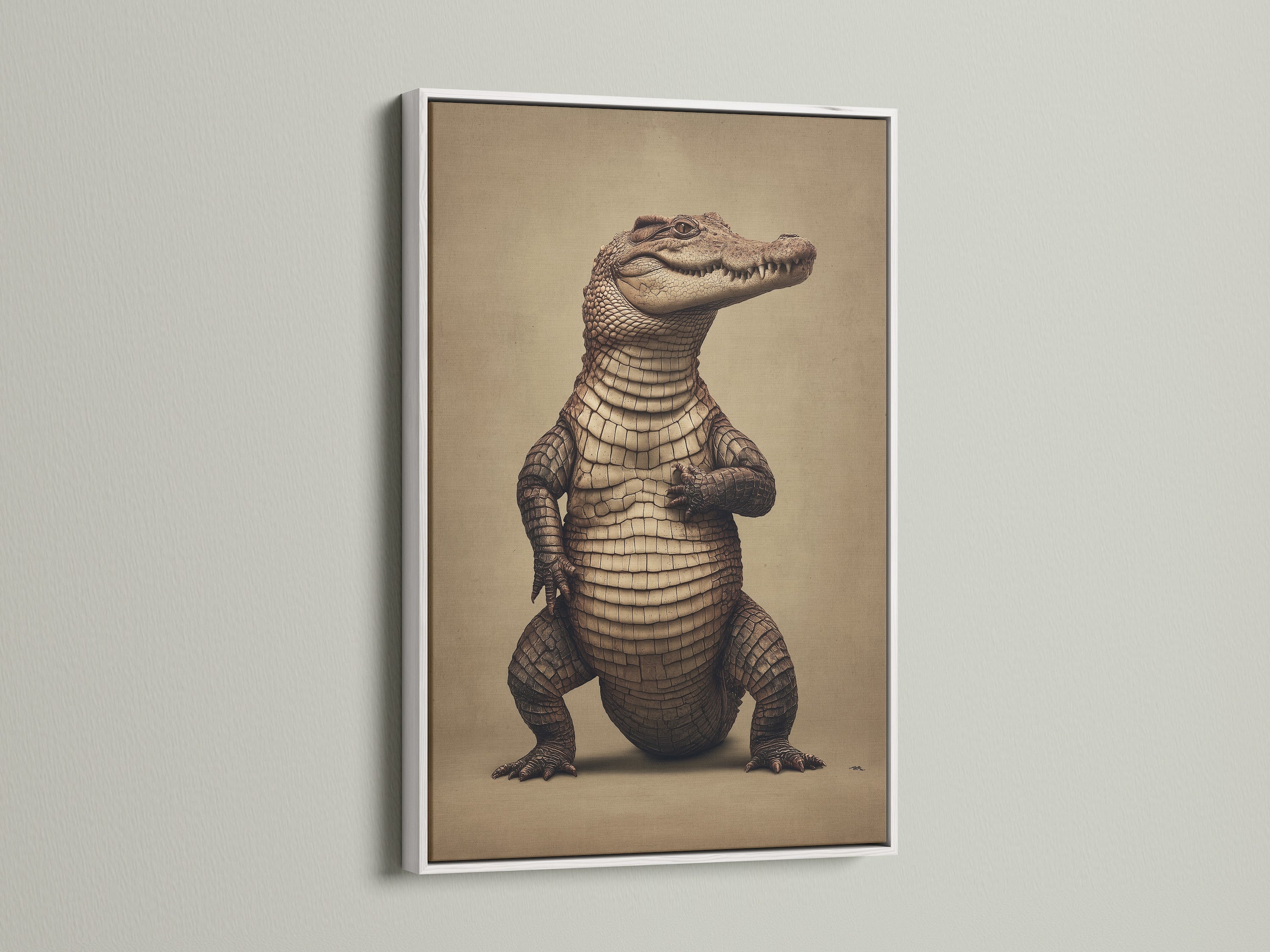 The alligator artwork is showcased in a clean white frame. This wildlife canvas is perfect for a modern office. The sepia tones create a vintage feel. Enhance your study art with this rustic piece. It is available as a fine art poster.