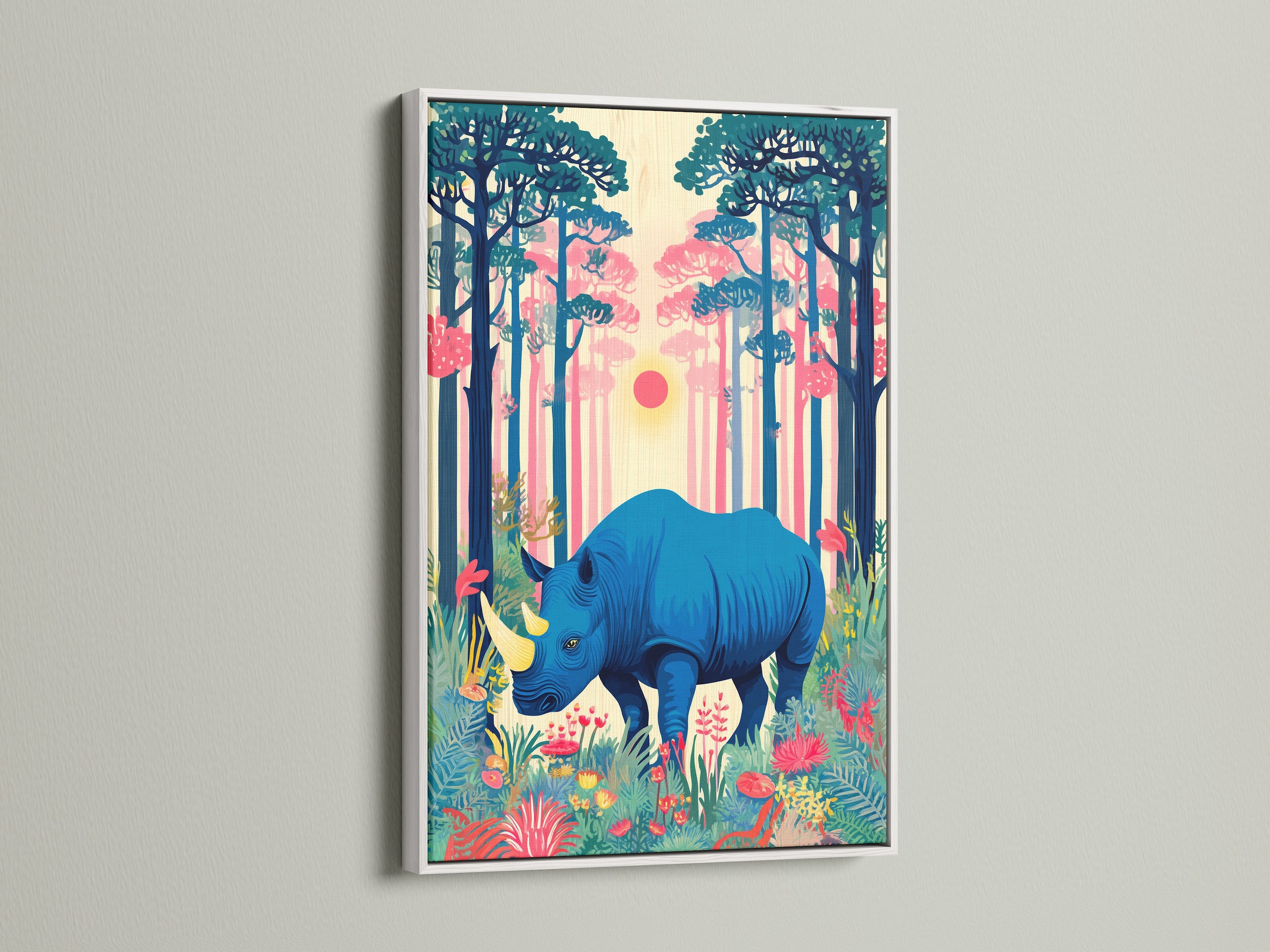 The blue rhino artwork is displayed in a clean white frame. This tropical print adds a fresh touch to your home decor. The white frame enhances the colorful wildlife canvas. Perfect for a modern and eclectic interior. Bring nature wall art into your space.