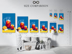 Size comparison chart in interior setting. The chart helps visualize artwork sizes. See how art fits in your living space. Compare options for canvas prints and posters. Find the perfect size for your wall decor needs.