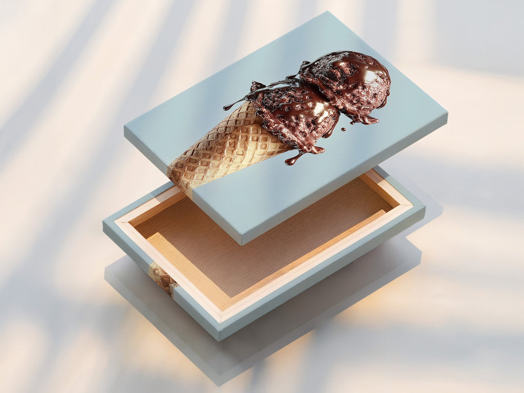 This is a stretched canvas print of a chocolate ice cream cone artwork. The canvas is stretched perfectly for a gallery-worthy look. Ready to hang this print immediately enhances your decor. The texture and depth bring the artwork to life.