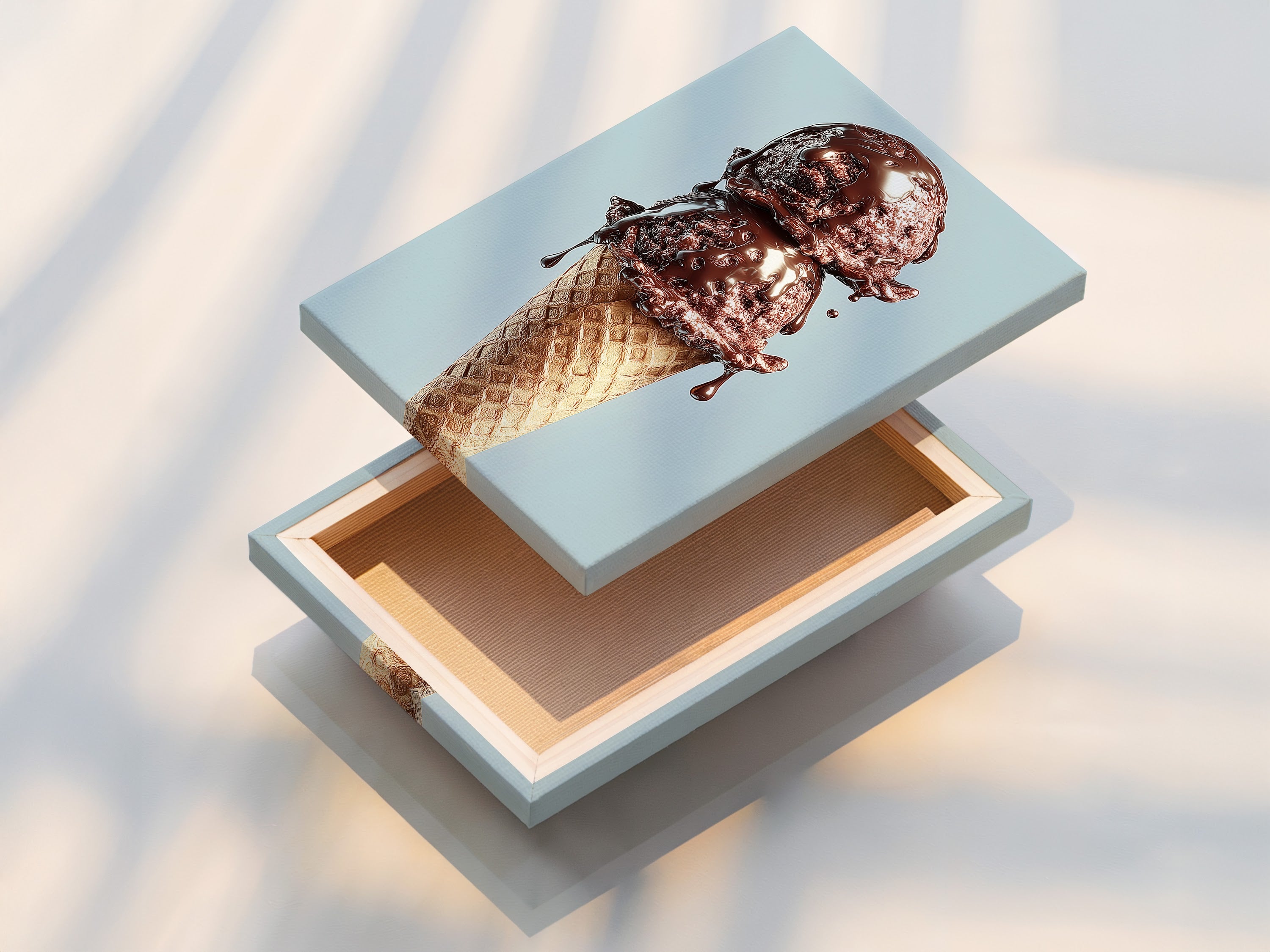 This is a stretched canvas print of a chocolate ice cream cone artwork. The canvas is stretched perfectly for a gallery-worthy look. Ready to hang this print immediately enhances your decor. The texture and depth bring the artwork to life.