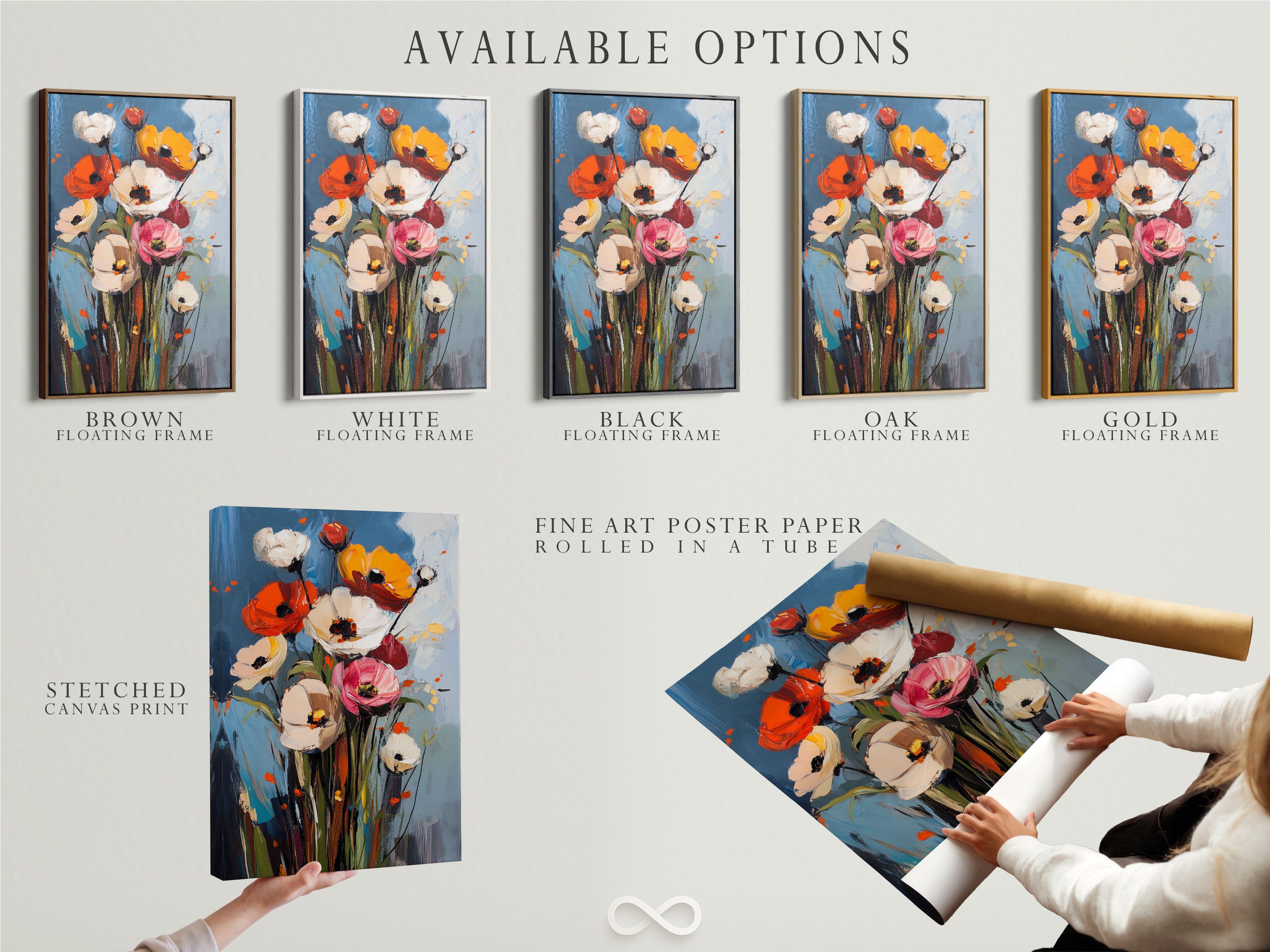 Available options for artwork are displayed. Choose from stretched canvas prints fine art poster paper and floating frames. Customize your artwork to match your style. Create a unique and personalized piece. Explore all options now.