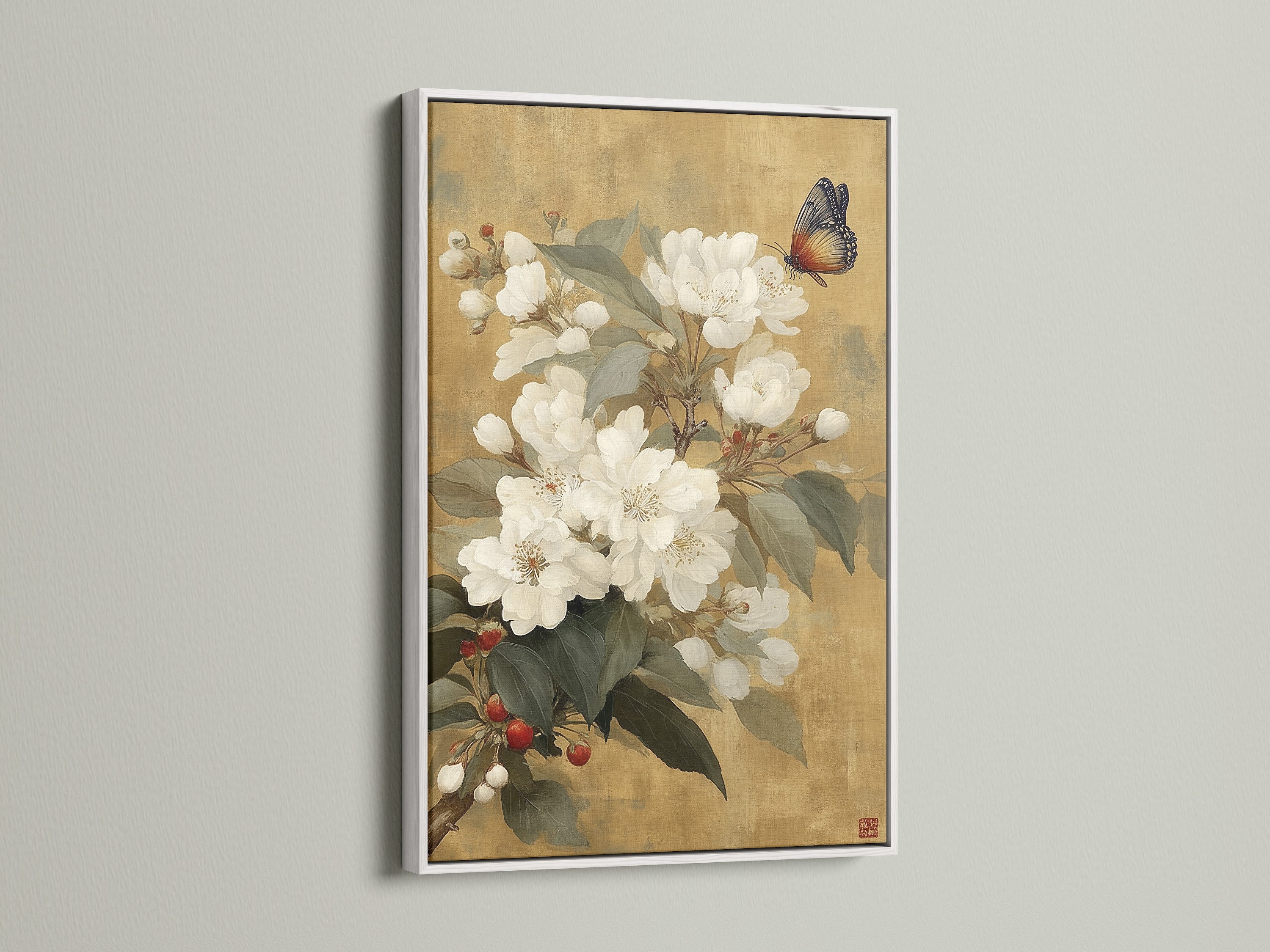 Asian style art showcasing white flowers and a butterfly in a white frame. This vintage floral print is perfect for Scandinavian or Asian-inspired interiors. Enhance your office wall art with this elegant botanical artwork. The white frame offers a clean and modern aesthetic.