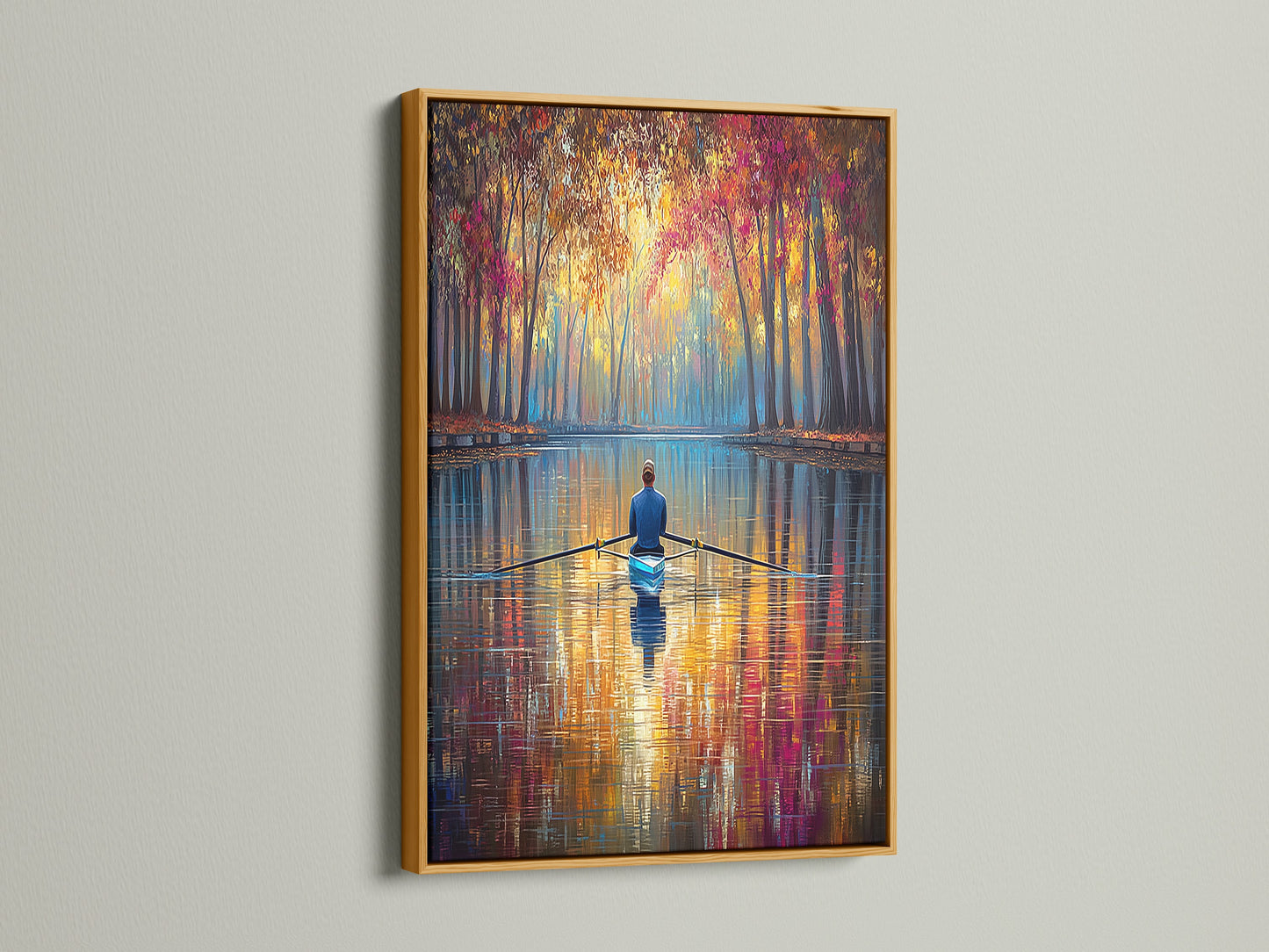 Elevate your artwork with a touch of gold. This Gold Frame adds a luxurious feel to the Rowing Canvas Print. The shimmering frame highlights the water reflection and scenic art. Ideal for those seeking sophisticated home decor. Make a statement with this elegant nature artwork.