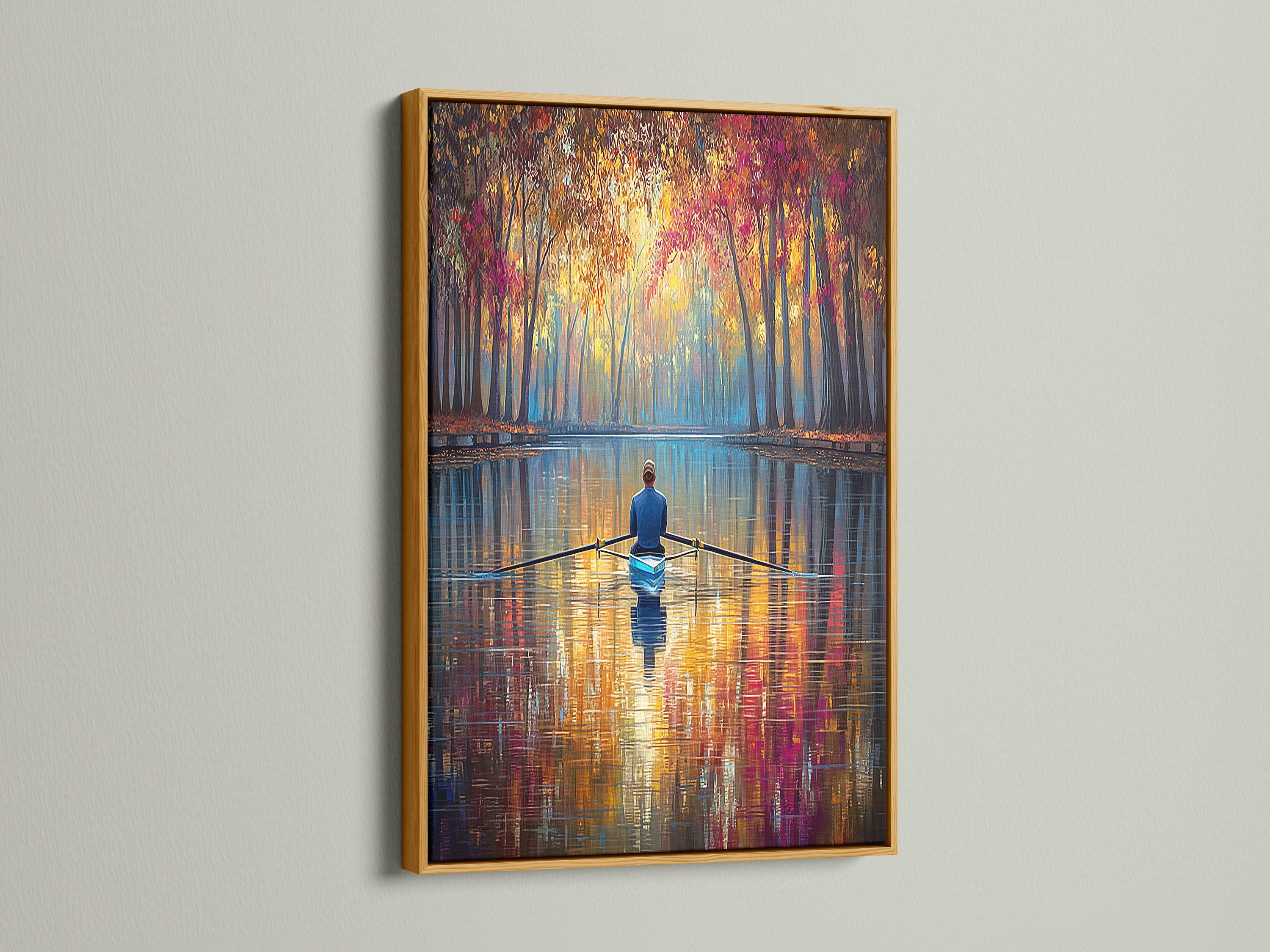 Elevate your artwork with a touch of gold. This Gold Frame adds a luxurious feel to the Rowing Canvas Print. The shimmering frame highlights the water reflection and scenic art. Ideal for those seeking sophisticated home decor. Make a statement with this elegant nature artwork.
