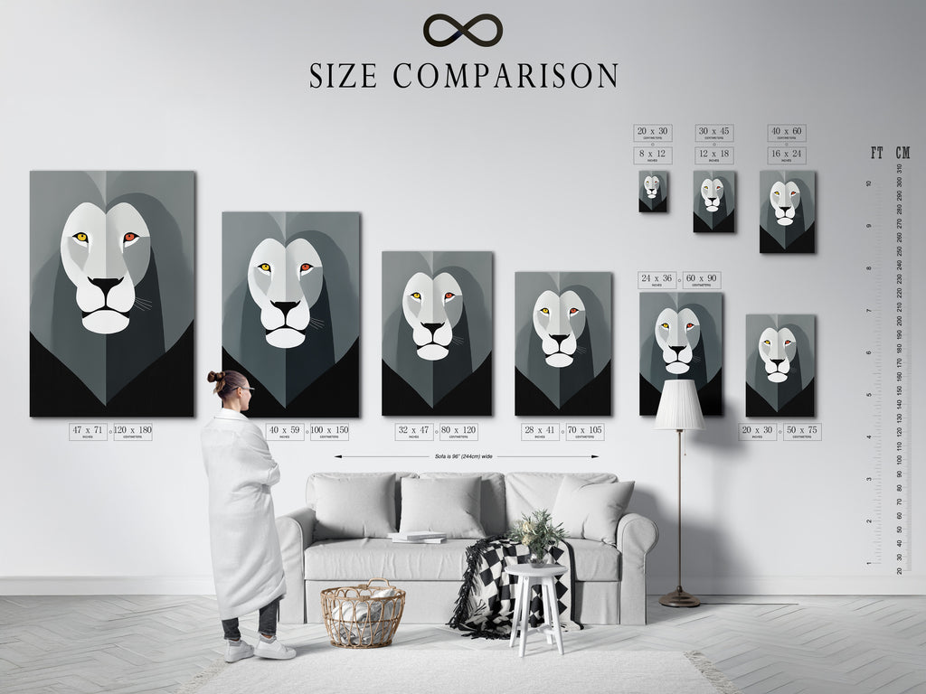 Size comparison chart in an interior setting. This chart helps visualize artwork dimensions. It ensures the perfect fit for your space. Compare sizes to make an informed decision. Find the ideal artwork size for any room. See how different sizes look in a home.