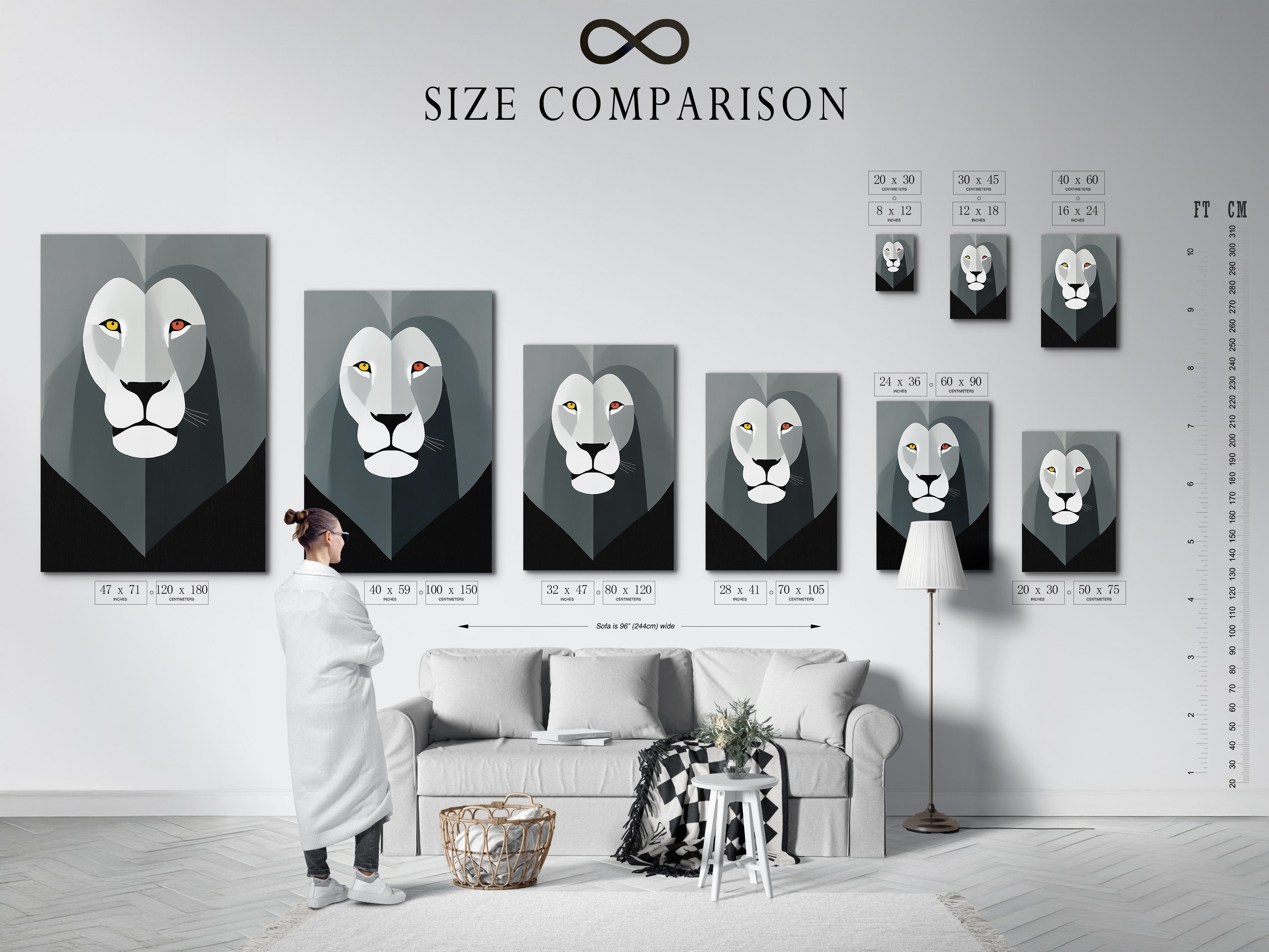 Size comparison chart in an interior setting. This chart helps visualize artwork dimensions. It ensures the perfect fit for your space. Compare sizes to make an informed decision. Find the ideal artwork size for any room. See how different sizes look in a home.