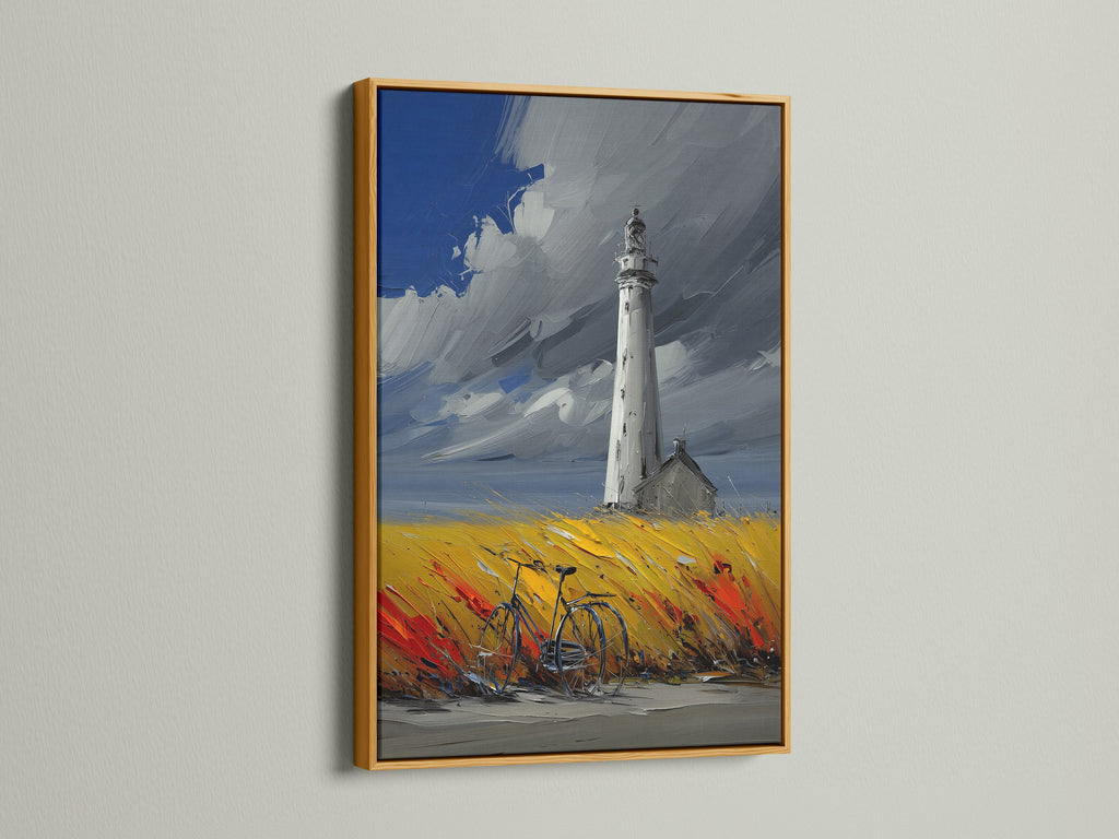 Lighthouse coastal artwork with a gold frame. This nautical gift is perfect for homeowners and renters alike. The artwork shows a lighthouse and bicycle in a vibrant field. It is a great conversation starter. It will add a touch of elegance to your home.  The gold frame enhances the artwork's beauty.