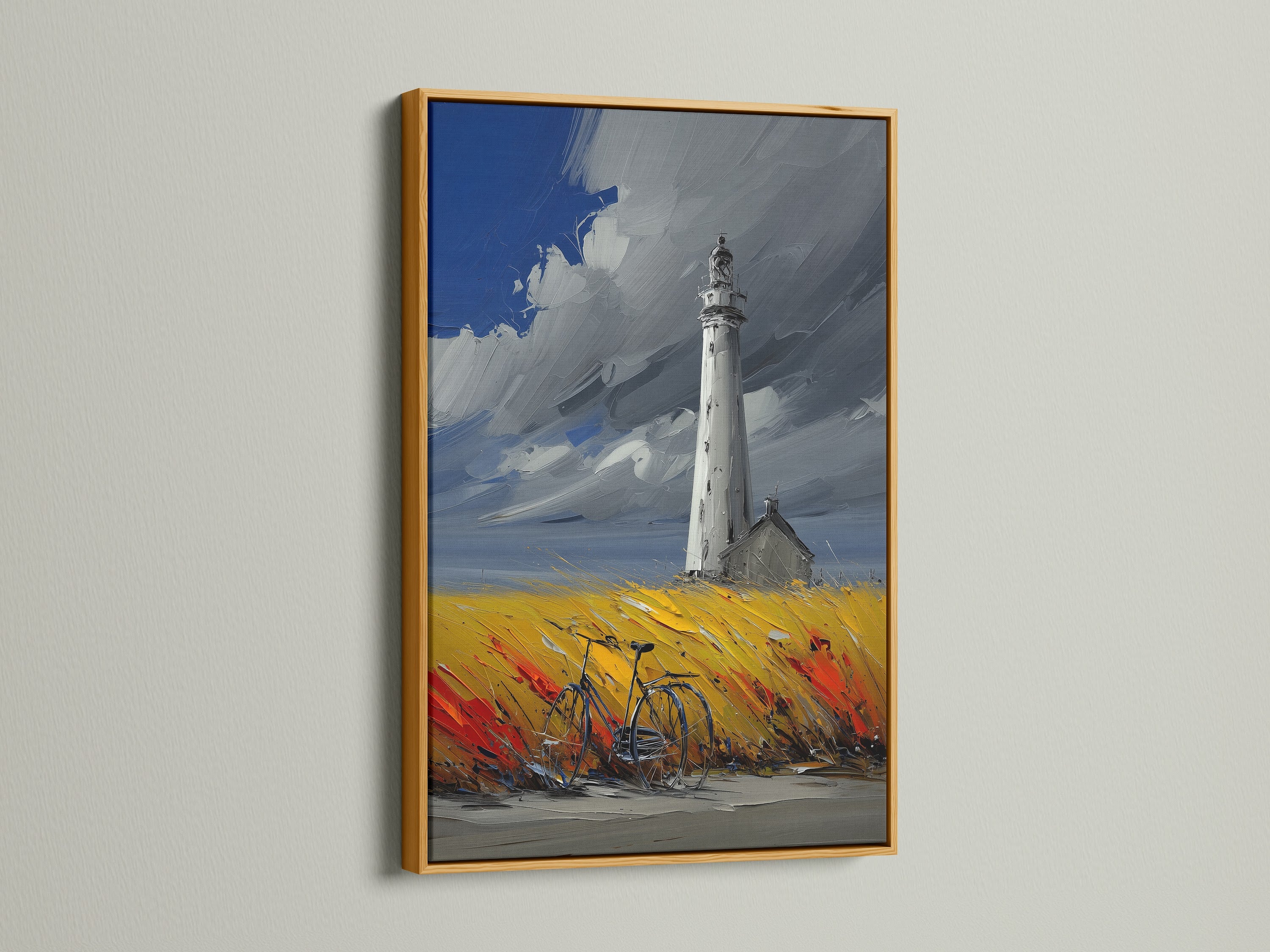Lighthouse coastal artwork with a gold frame. This nautical gift is perfect for homeowners and renters alike. The artwork shows a lighthouse and bicycle in a vibrant field. It is a great conversation starter. It will add a touch of elegance to your home.  The gold frame enhances the artwork's beauty.