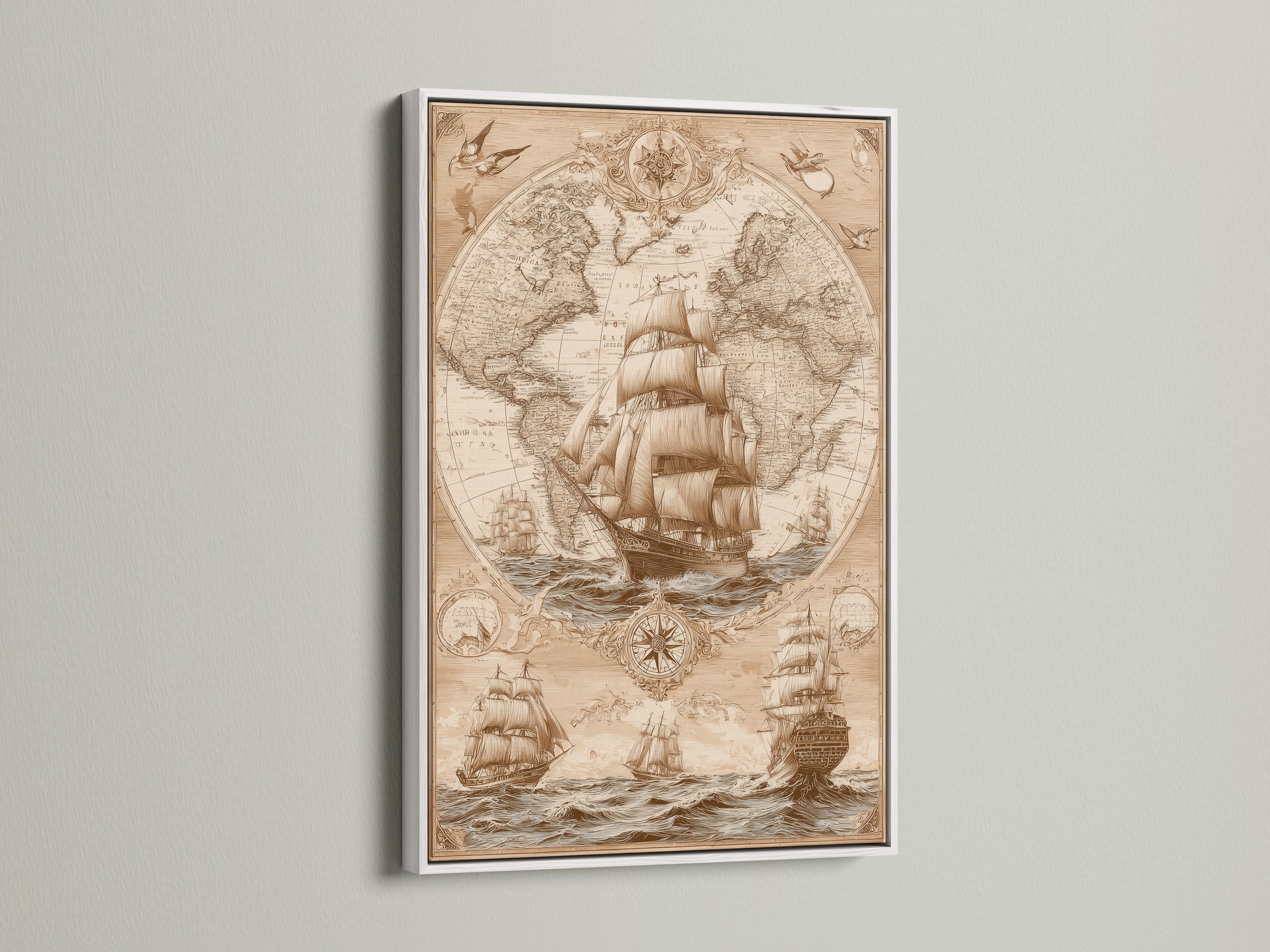 Nautical artwork featuring a vintage ship and world map displayed in a white frame. A white frame offers a clean modern look. Ideal for brightening your decor with maritime artwork. Explore framed art prints online. Find the perfect piece to complete your space