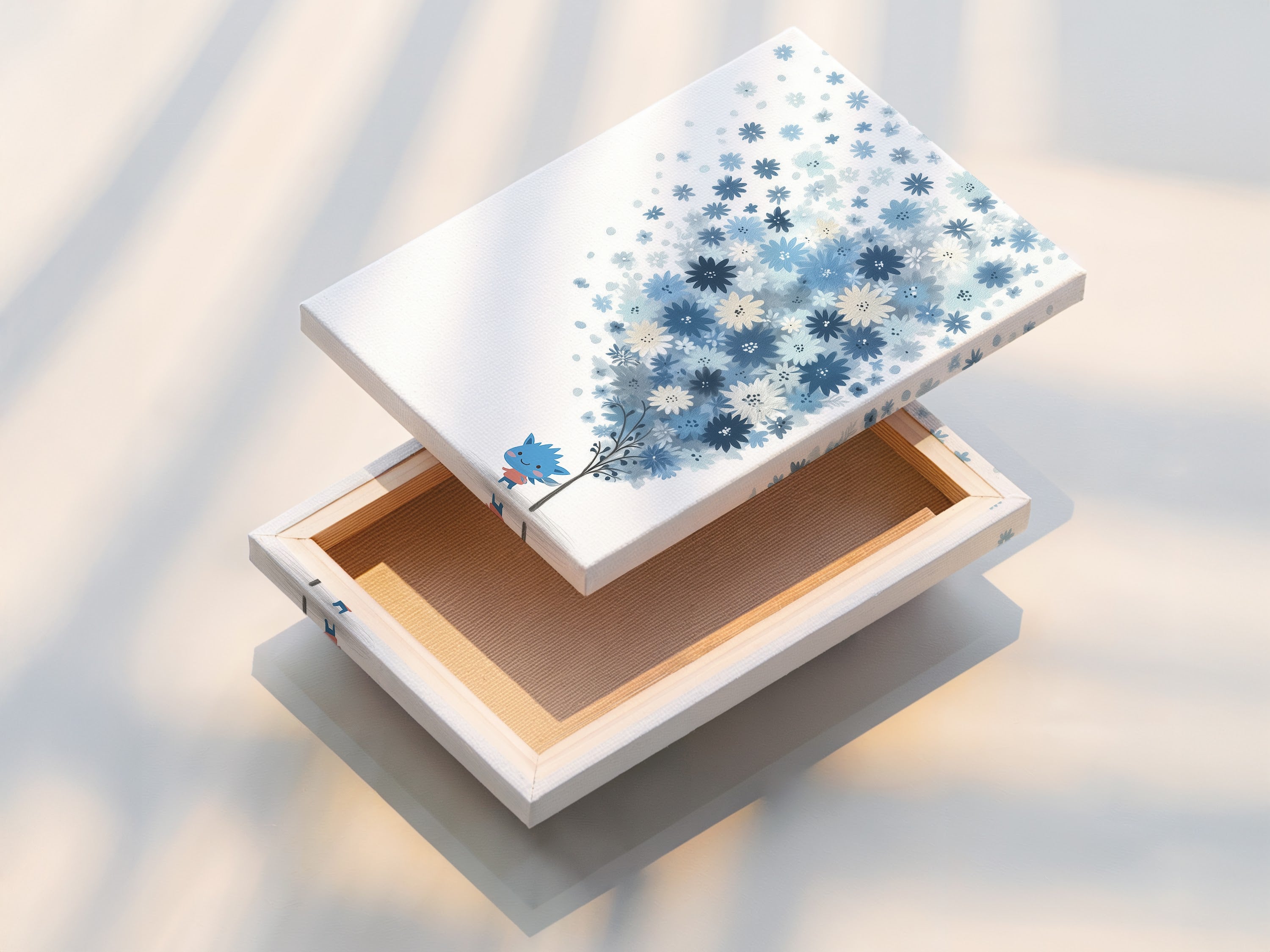 A stretched canvas print displays the blue floral artwork. The pastel botanical art is vibrant and ready to hang. The whimsical flower tree art is perfect for adding a playful touch to a nursery. This canvas print brings a modern and artistic touch.