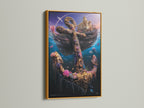 This image showcases an underwater anchor artwork in a gold frame. The nautical print displays a sunken ship and a golden anchor adorned with flowers and sea life. This coastal decor piece adds a touch of luxury and elegance to your home. Perfect for a nautical gift.