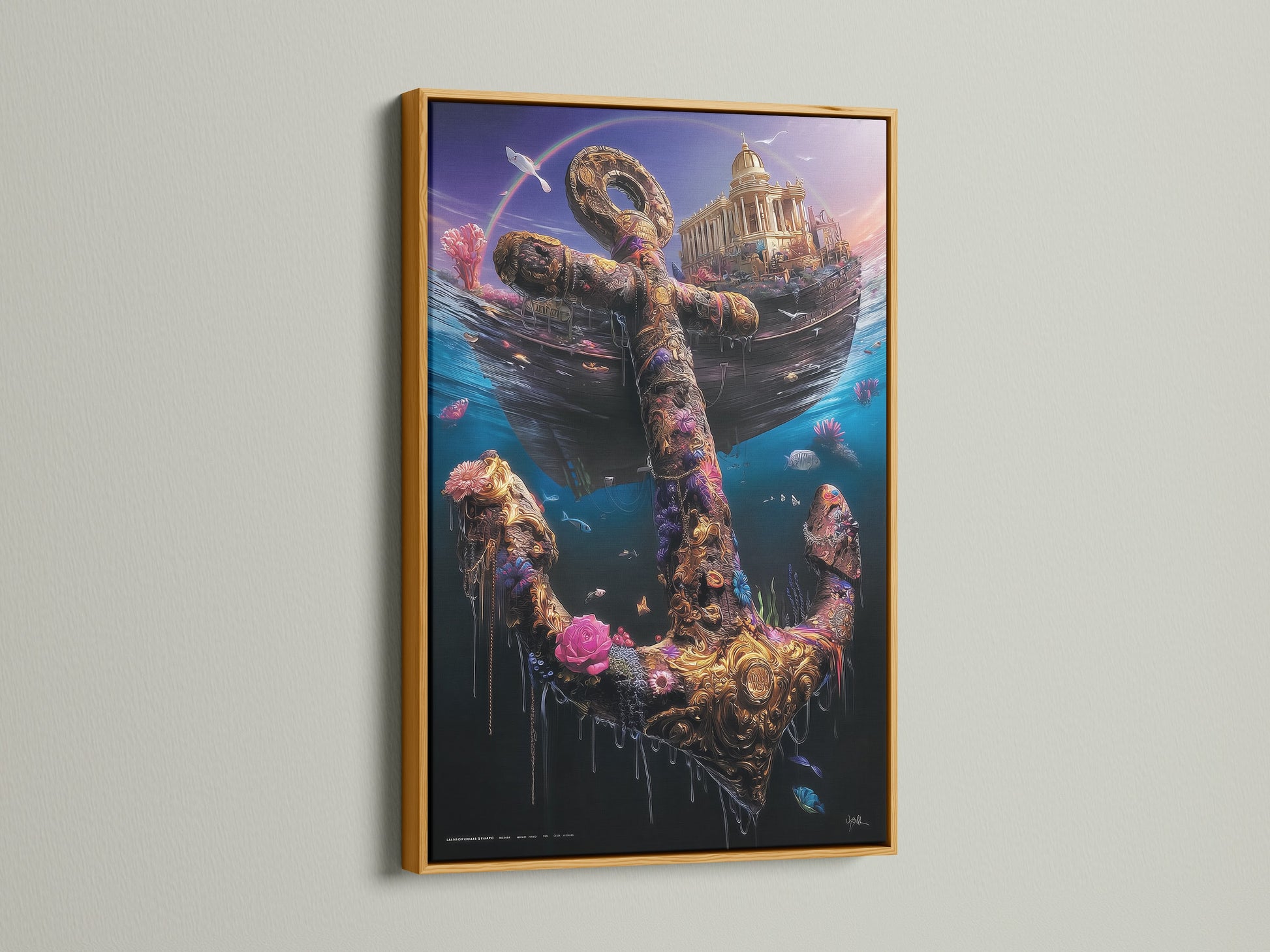 This image showcases an underwater anchor artwork in a gold frame. The nautical print displays a sunken ship and a golden anchor adorned with flowers and sea life. This coastal decor piece adds a touch of luxury and elegance to your home. Perfect for a nautical gift.