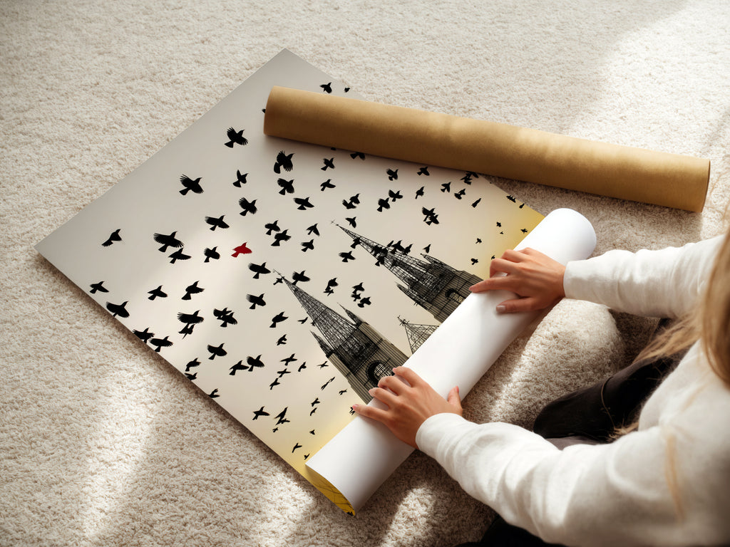 A woman is carefully rolling a fine art poster paper. The artwork depicts a gothic cathedral. Birds in flight enhance the piece. The fine art poster paper ensures quality. Ideal for framing or displaying as is. Explore the beauty of medieval architecture.